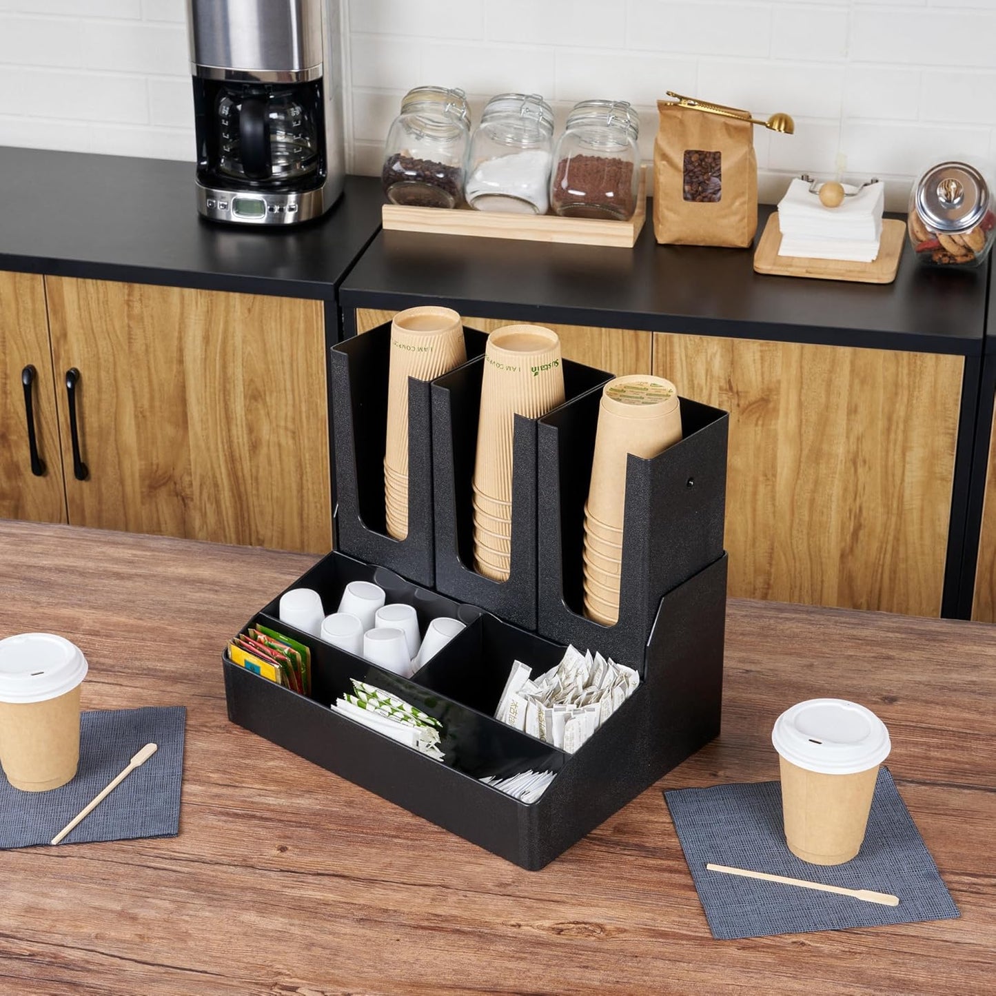 Restaurantware Restpresso Coffee Bar Organizer, 1 Count Durable 6 Compartments, Compact Size, Black Plastic Tabletop Coffee Supplies Organizer For Homes, Office Spaces, Breakrooms, and Lounges
