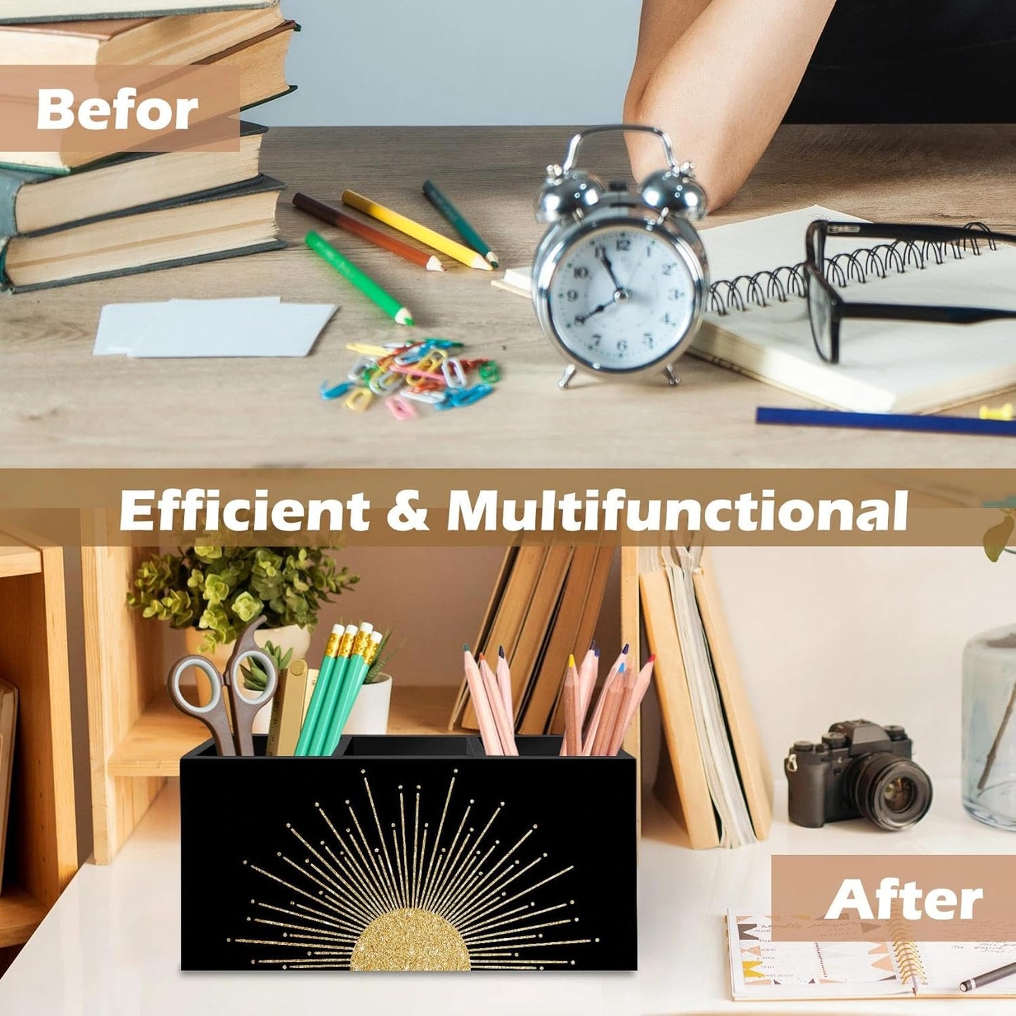 DILSJ Boho Abstract Golden Sunshine Pen Pencil Holder Organizer for Desk, Boho Office Decor, Mid Century Modern Minimalist Abstract Sunshine Wooden Box Signs for Home Office Desk Tabletop Decoration