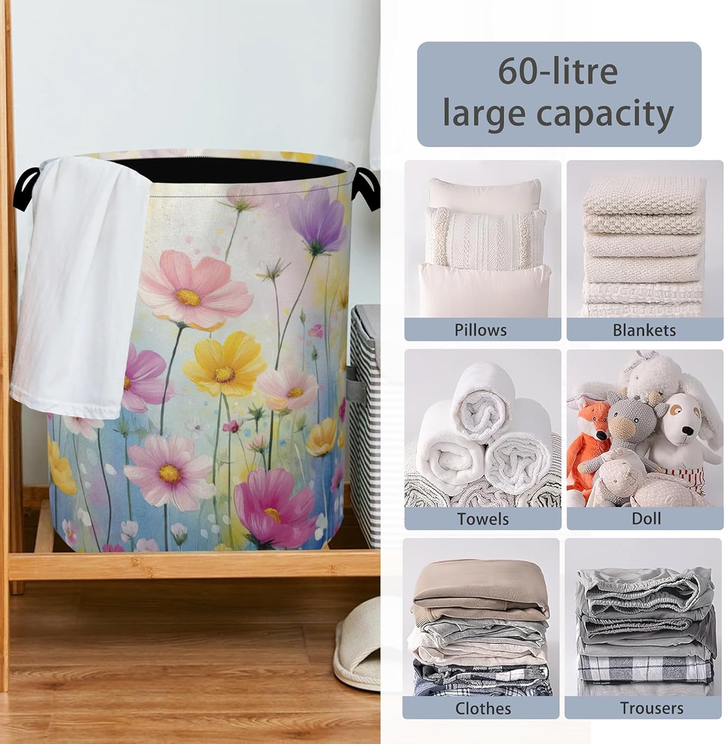 Retro Flowers Floral Laundry Hamper,Dirty Clothes Laundry Basket with Handles Waterproof Oxford Cloth Storage Basket for College Dorms Bathroom Bedroom 16" x 20.8"