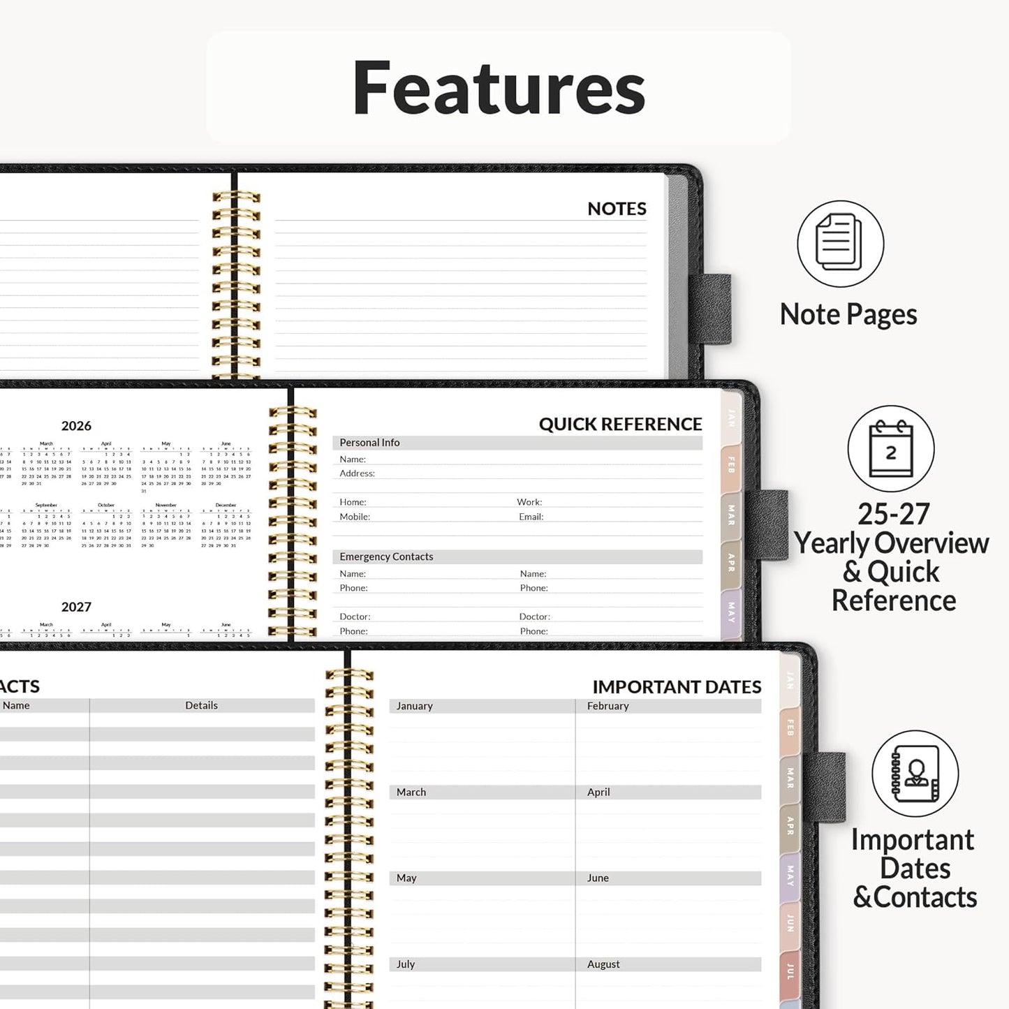 SUNEE 2026 Weekly & Monthly Planner 6.4"x8.5"- 12 Month (January 2026 - December 2026), Vegan Leather Cover, Pocket, Bookmark, Notes, Monthly Tab, Black