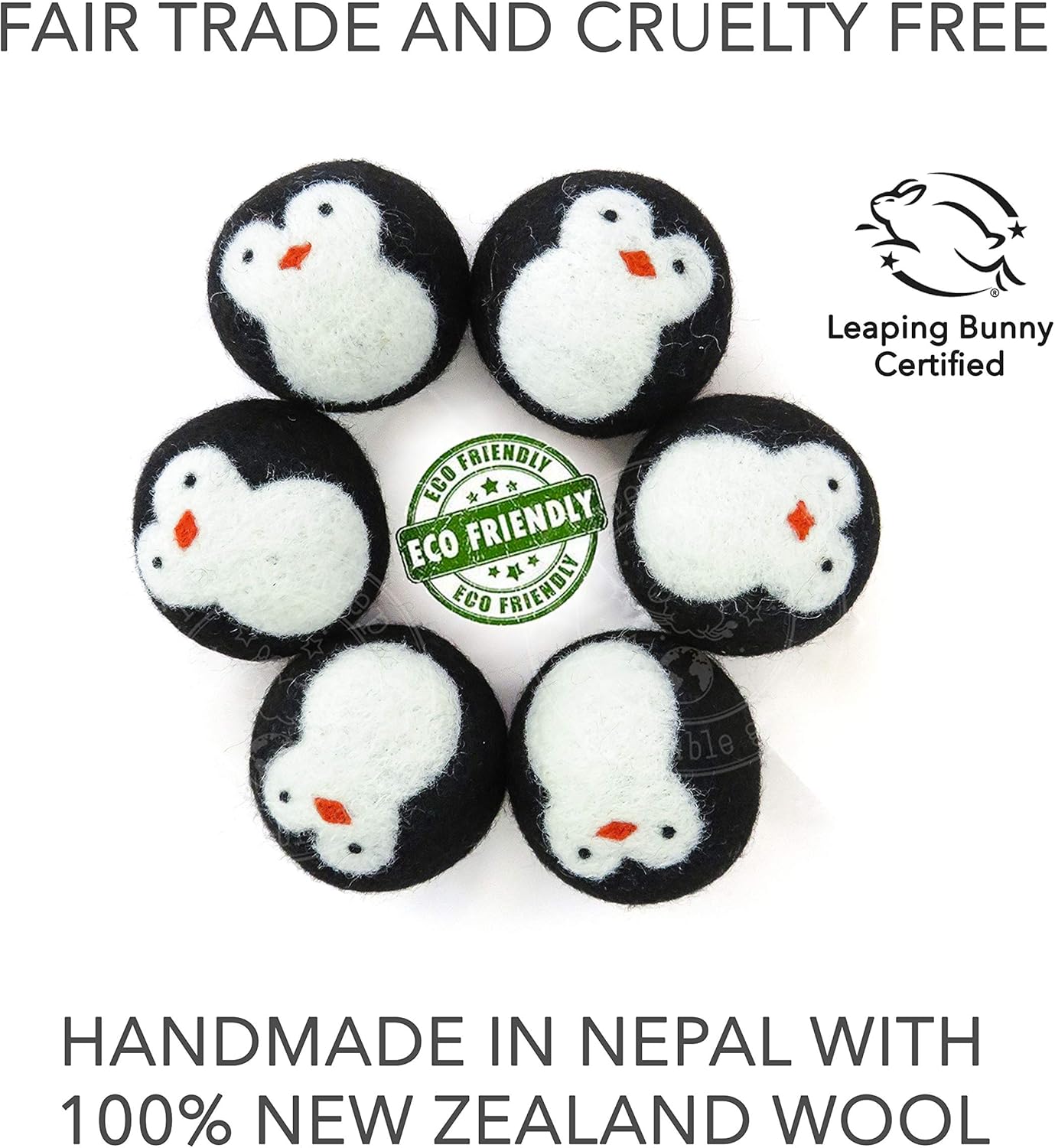 Friendsheep Wool Dryer Balls, Organic Reusable Fabric Softener Alternative for Laundry, Handmade, Fair Trade, Hypoallergenic, Eco-Friendly, Plastic-Free (6 Pack XL – Black Penguin)