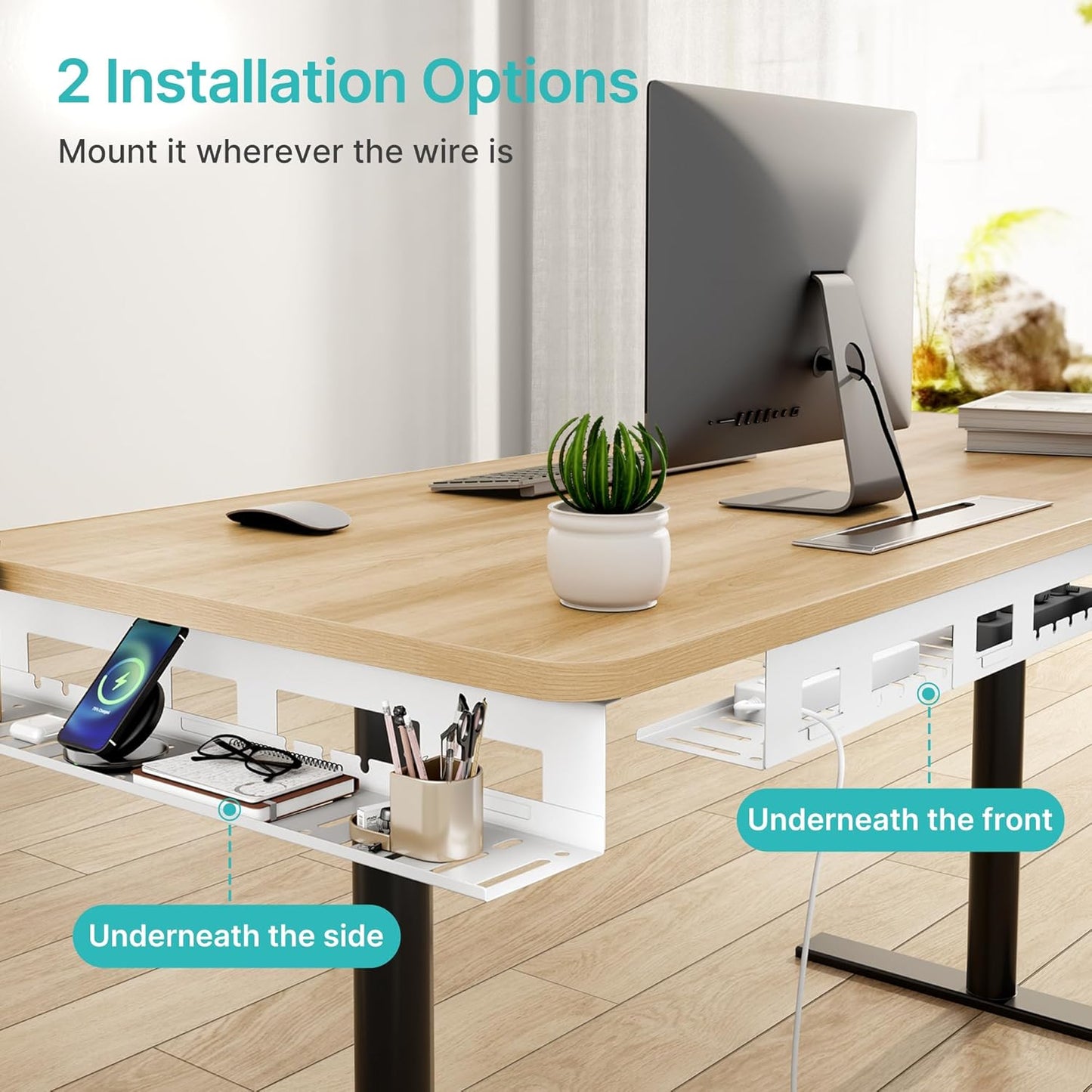 Under Desk Cable Management Tray, 31.5 Inches Metal Cord Organizer Rack, Desk Tray for Power Strip, Cord, Wire, Easy Mounting Cable Management Under Table for Home Office, White