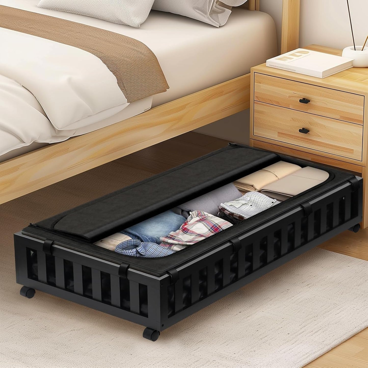 2 Pack Bamboo Under Bed Storage with Wheels, 39”x20”x7.8” Lager Under Bed Storage Containers (Black)