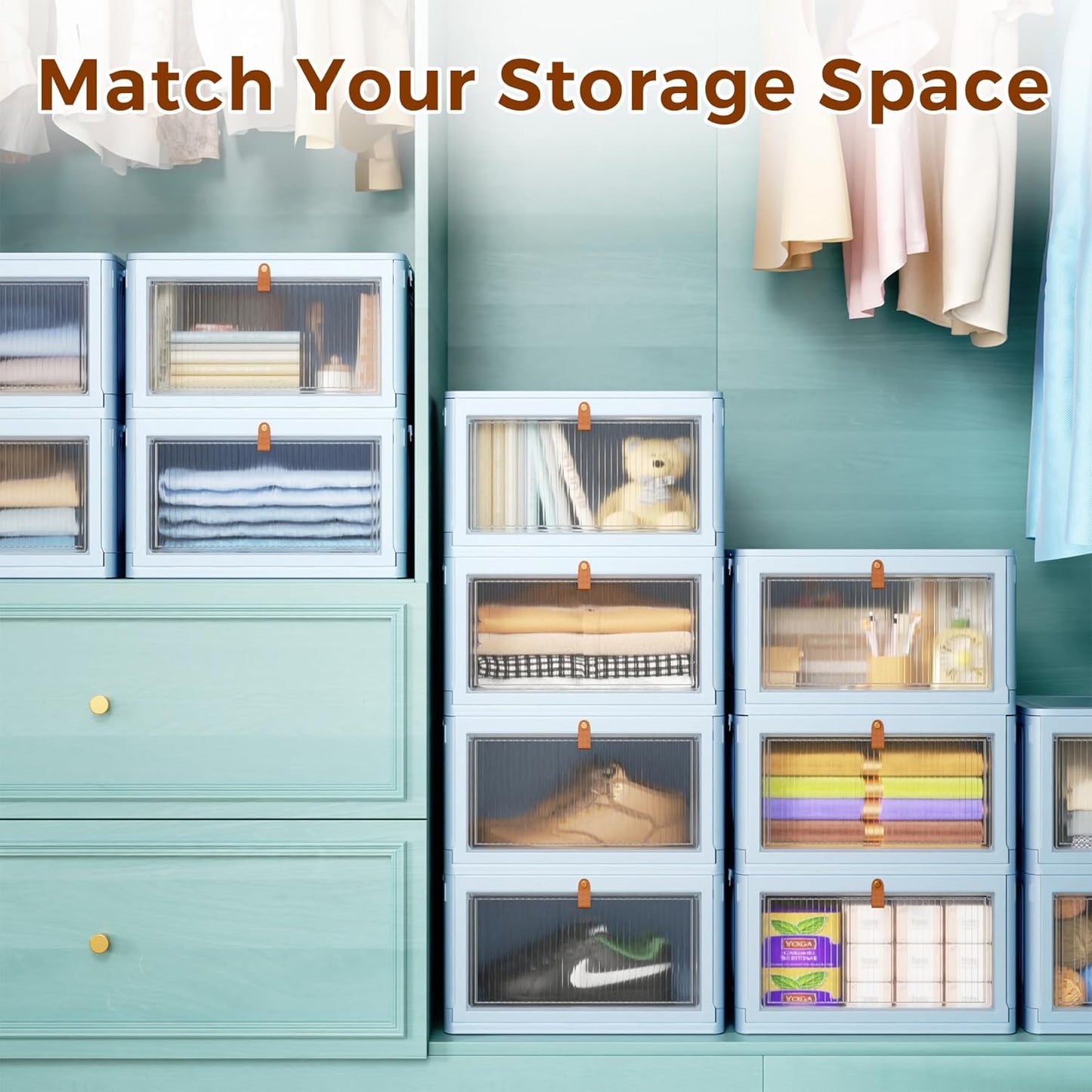 4 Tier Stackable Plastic Storage Bins with Lid and Wheels - 23 QT Closet Organizers and Storage, Foldable Storage Containers, Organization and Storage Boxes for Craft, Home, Pantry, Dorm, Blue