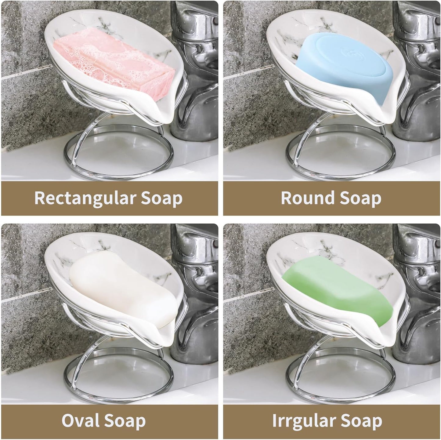 Leaf-Shaped Soap Dish – Ceramic Soap Bar Holder with Self-Drainage System – Bar Soap Holder for Shower, Bathroom Sink, Kitchen – Soap Dish with Stainless Steel Stand (White-Sliver-2 Pack)