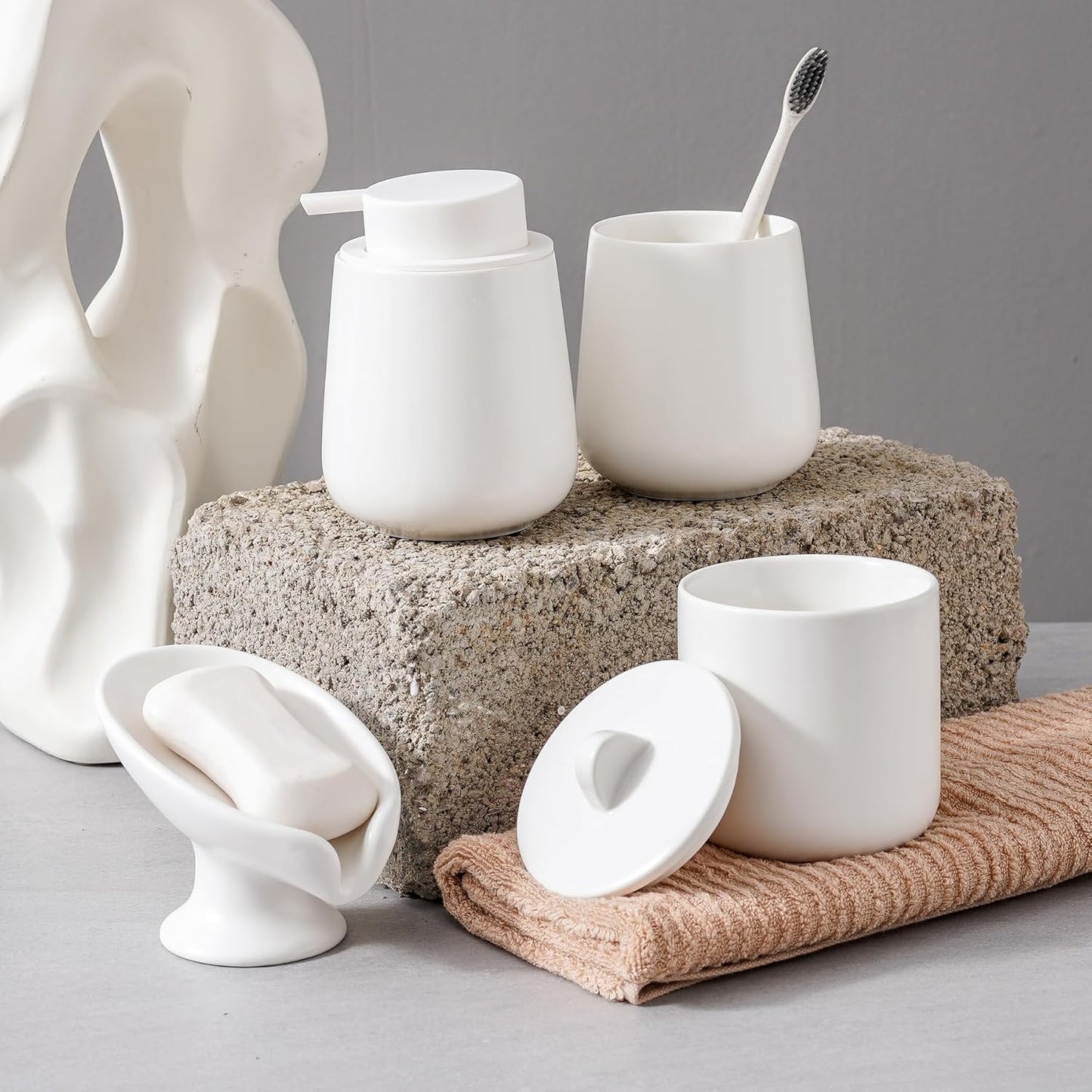 Ceramic Bathroom Accessories Set,Includes Liquid Soap Dispenser, Toothbrush Holder, Soap Dish, Cotton Swab Jar,Bathroom soap and Toothbrush Holder Set,Classic Design(White Set - Liquid)