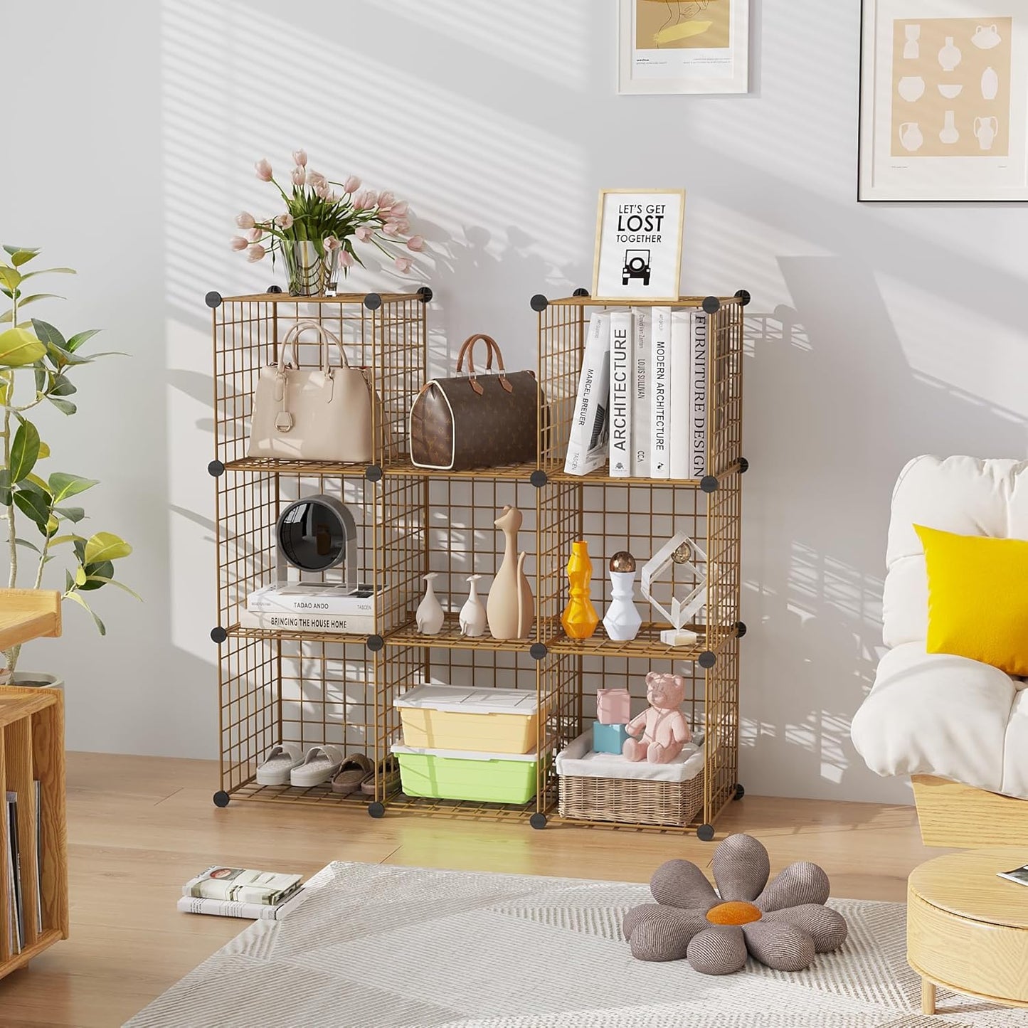 C&AHOME Wire Cube Storage, 9 - Cube Organizer Metal C Grids, Modular Shelves Units, Closet Organizer, Ideal for Home, Office, Living Room, 36.6”L x 12.4”W x 48.4”H, Brown UWCS3009R