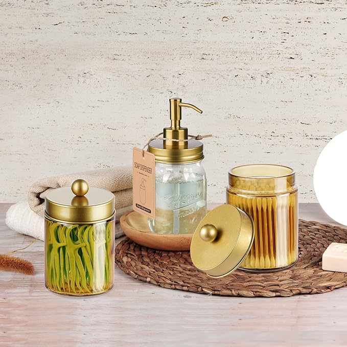 Amolliar Bronze Glass Apothecary Jar With Metal Lid & Stickers, Bathroom Qtip Dispenser Storage Canister, Perfect for Cotton Balls, Cotton Swabs, Makeup Pads, Bath Salt, Floss, 1 Pack(Gold)