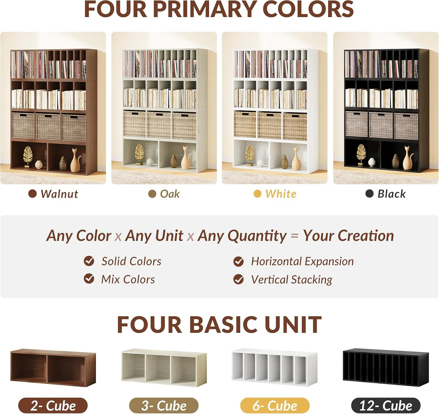 IOTXY DIY Modular Cube Bookcase - CubeXY Customizable Stackable Expandable Combination Set, 23-Cube Open Bookshelf for Books, Fabric Storage Bin, and Vinyl Record Organizer, Walnut