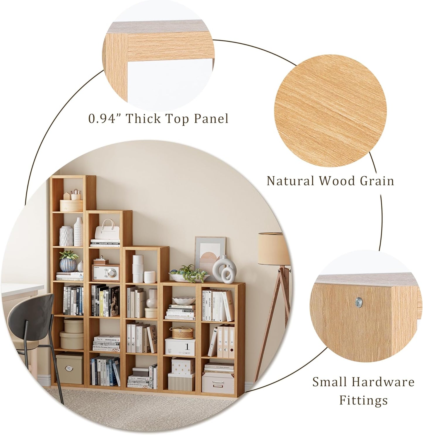 Tall Cube Storage Organizer Bookcase, 5 Tier 11 inch Open Back Cubical Shelf with Thickened Border, Display Bookshelf for Living Room, Home Office, Sturdy Room (Natural Oak, 5 Cube,Vertical)