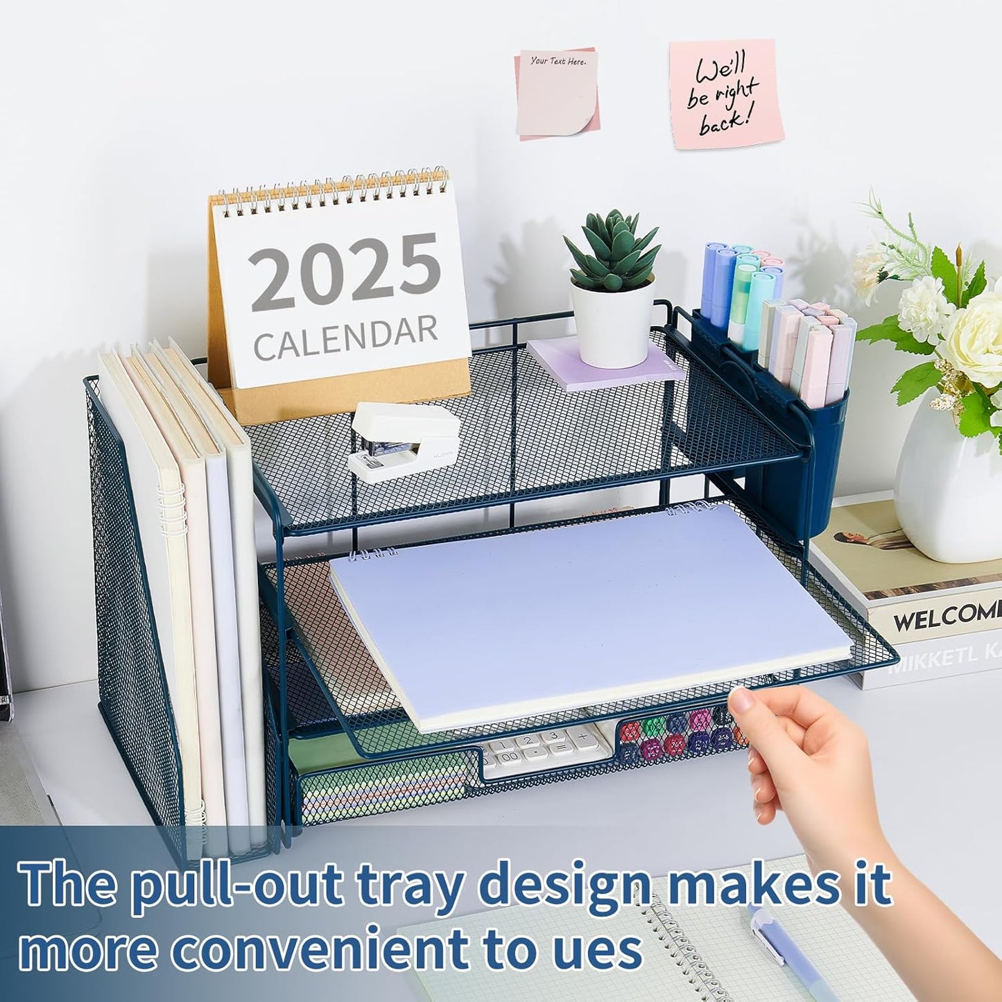 Desk Organizer and Accessories, 4-Tier Desktop File Organizer with Drawer and 2 Pen Holders, Office Desk Accessories, File Sorters, Workspace Organizers for Office Supplies(Dark Blue)