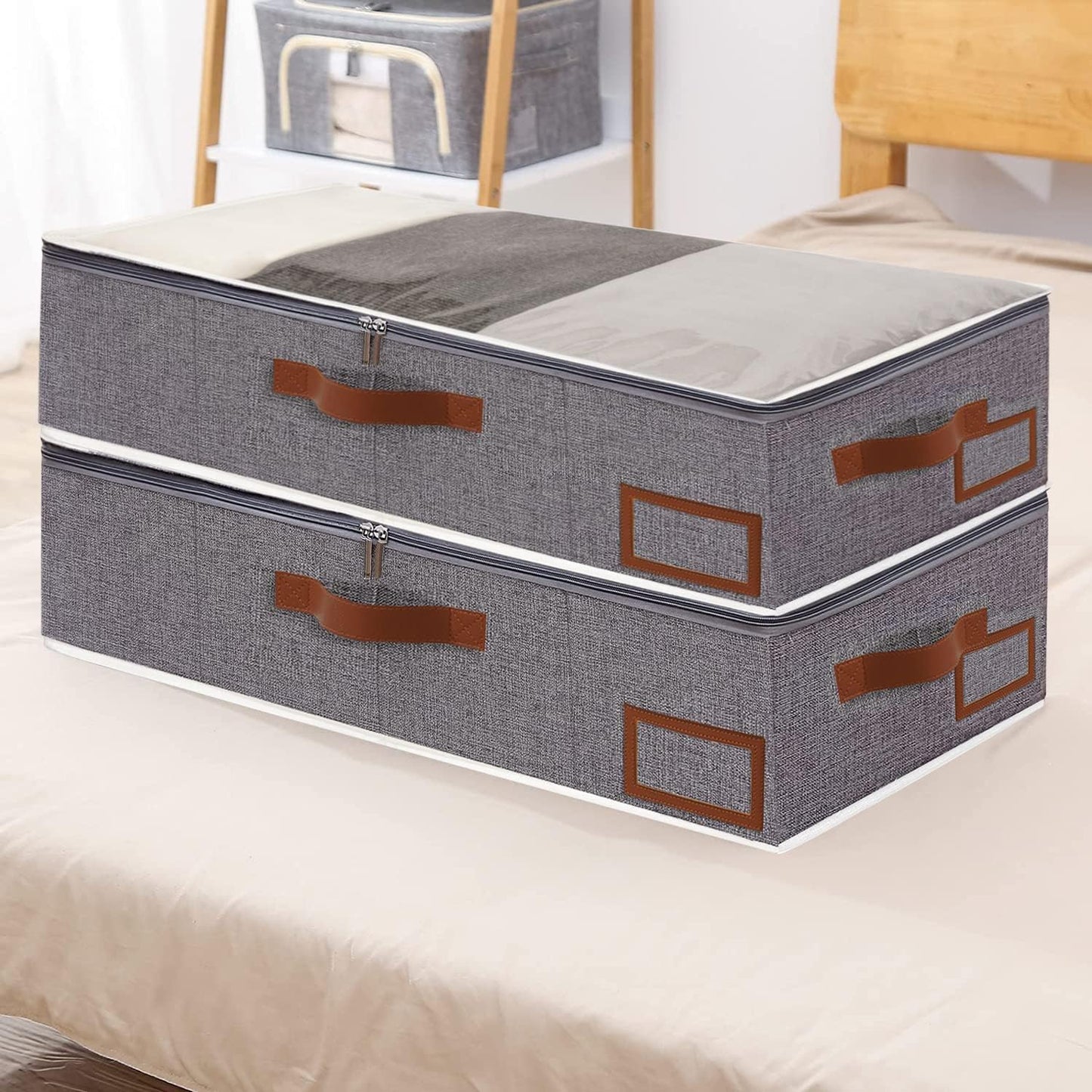 Yawinhe Under Bed Storage, 2 Pack Closet Organizers, Collapsible Container Bags, with Sorting Card Slot and 4 Leather Handles, for Blanket, Bedding, 23.6''Lx11.8''Wx6''H, Grey