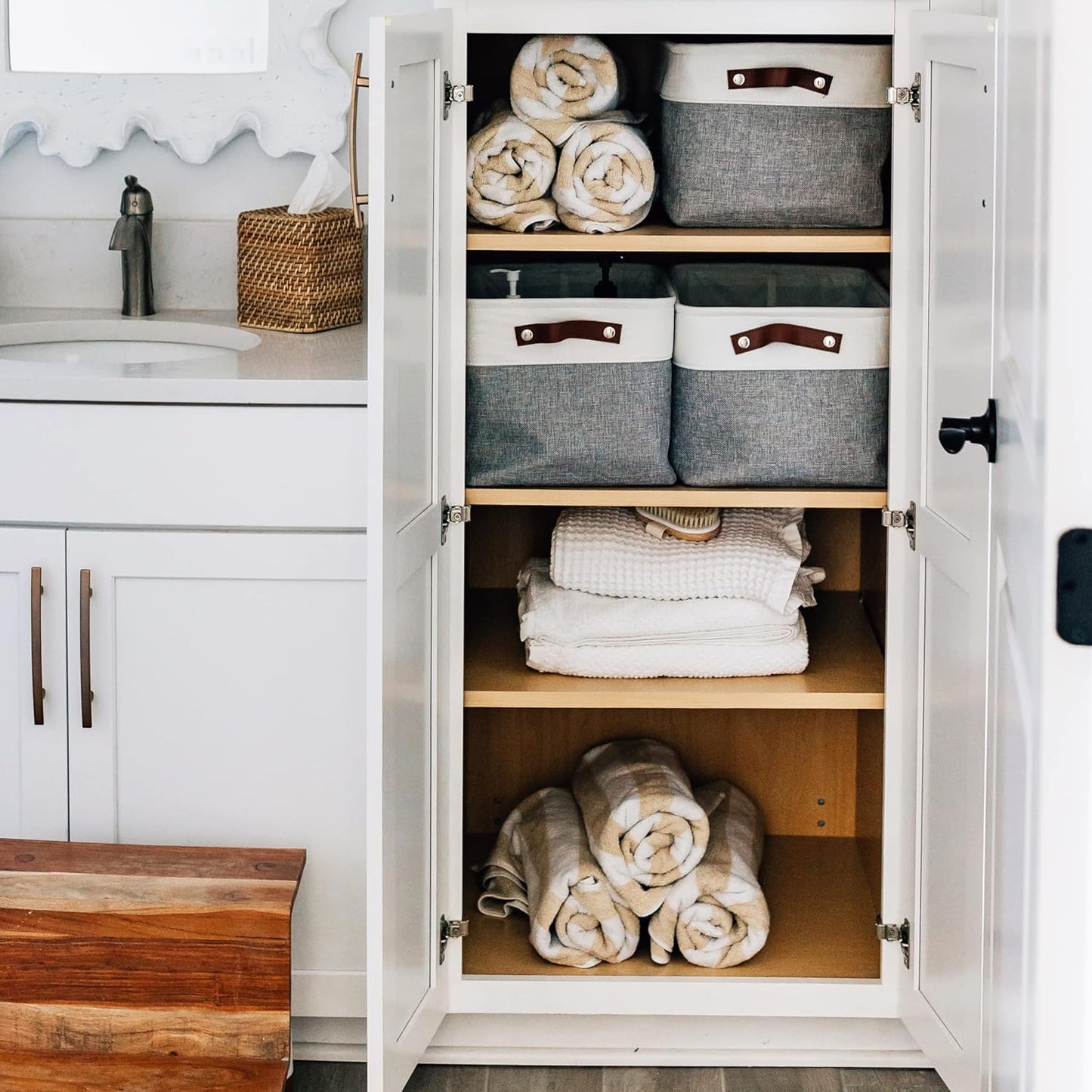 OrganiHaus Large Fabric Storage Baskets for Shelves 3 Pack, 15x11in Closet Storage Bins for Shelves, Canvas Baskets for Organizing, Linen Closet Organizers, Cloth Basket, Gray/Off-White