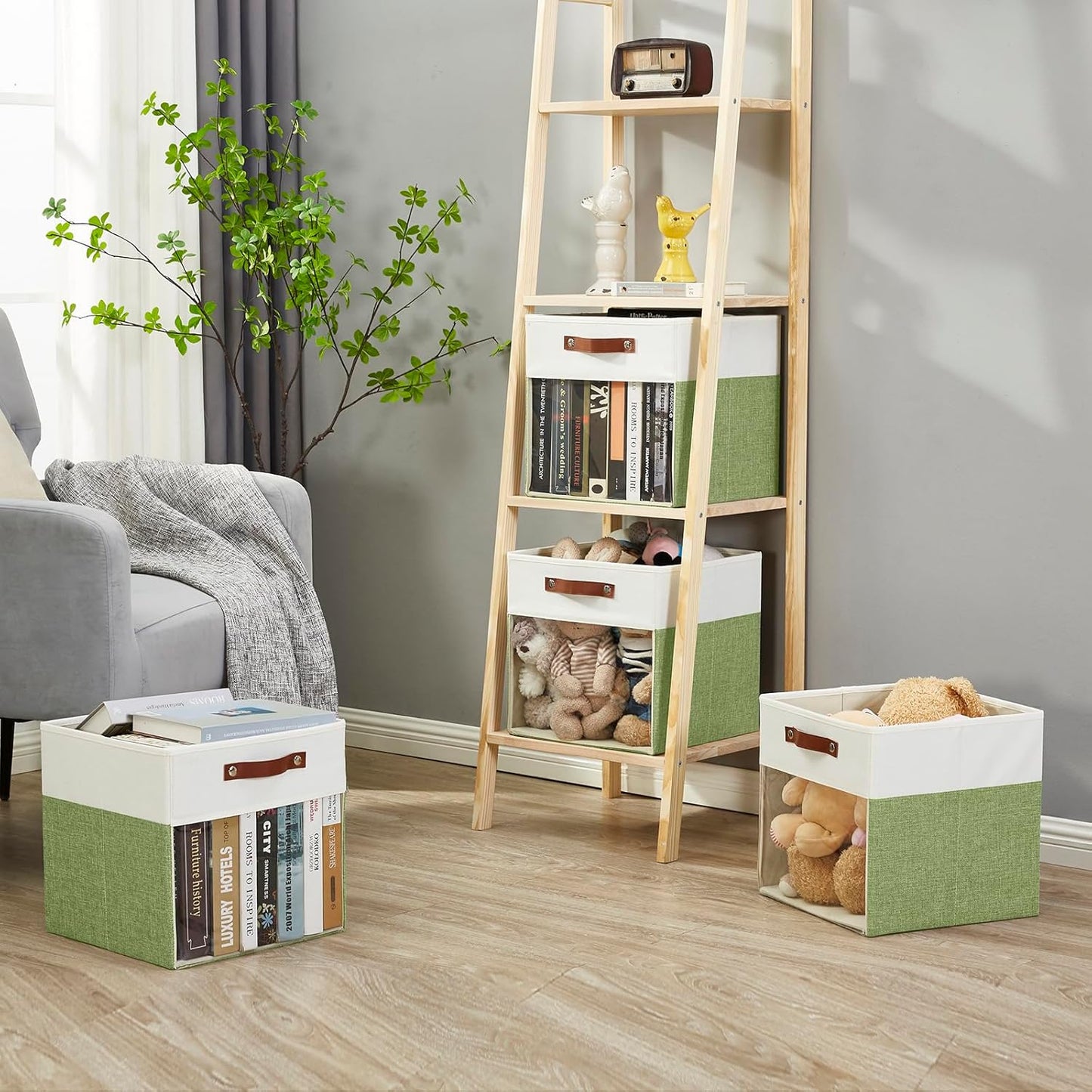 Storage Cubes, 4 Pack Linen Foldable Storage Bins (13 x 13 inch) with Clear Window and Handles, Fabric Organizer for Shelf Closet, Clothes, Books - (Green and White)