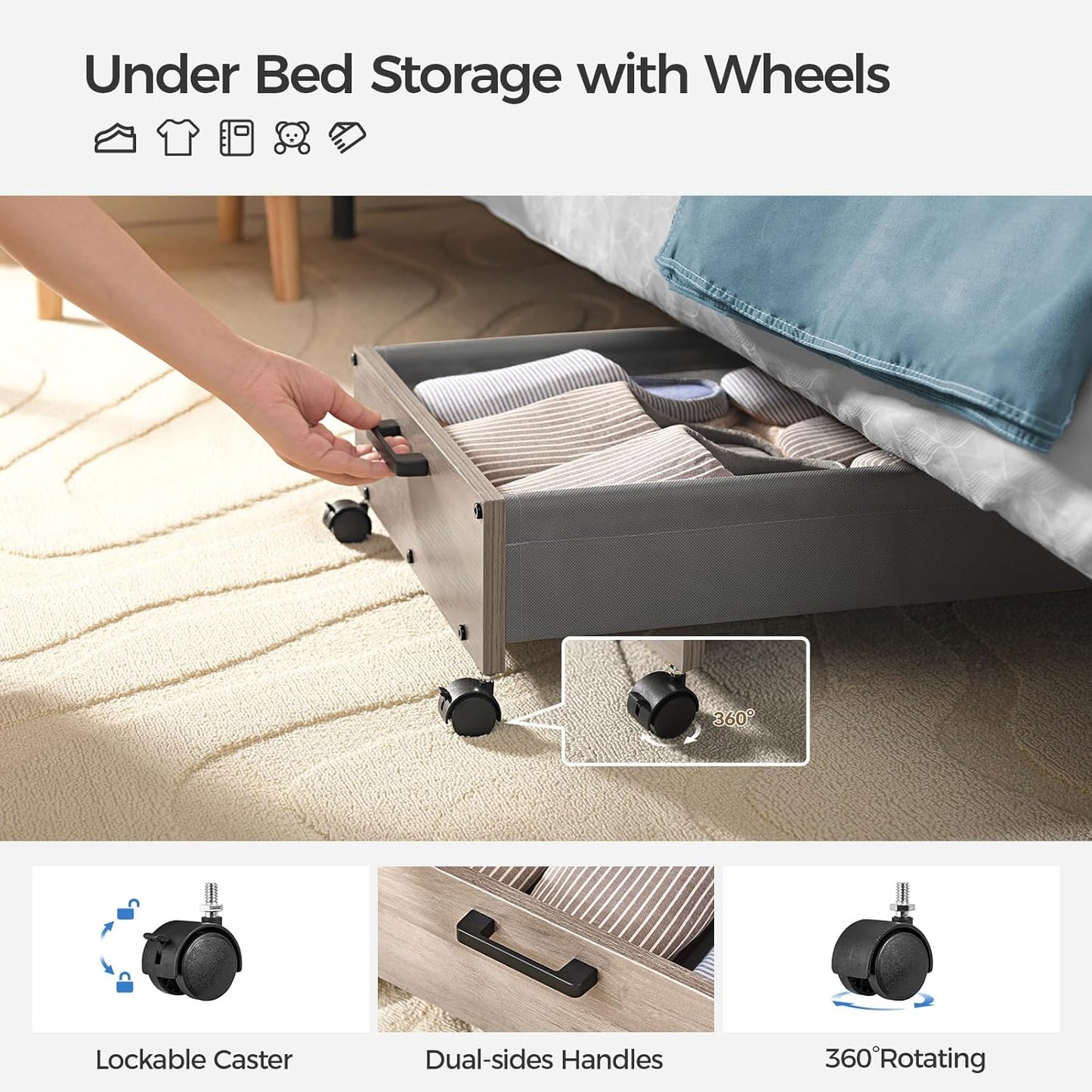 Under Bed Storage with Wheels, Under Bed Storage Containers, UnderBed Drawers with Metal Frame, for Clothes Shoes Blanket