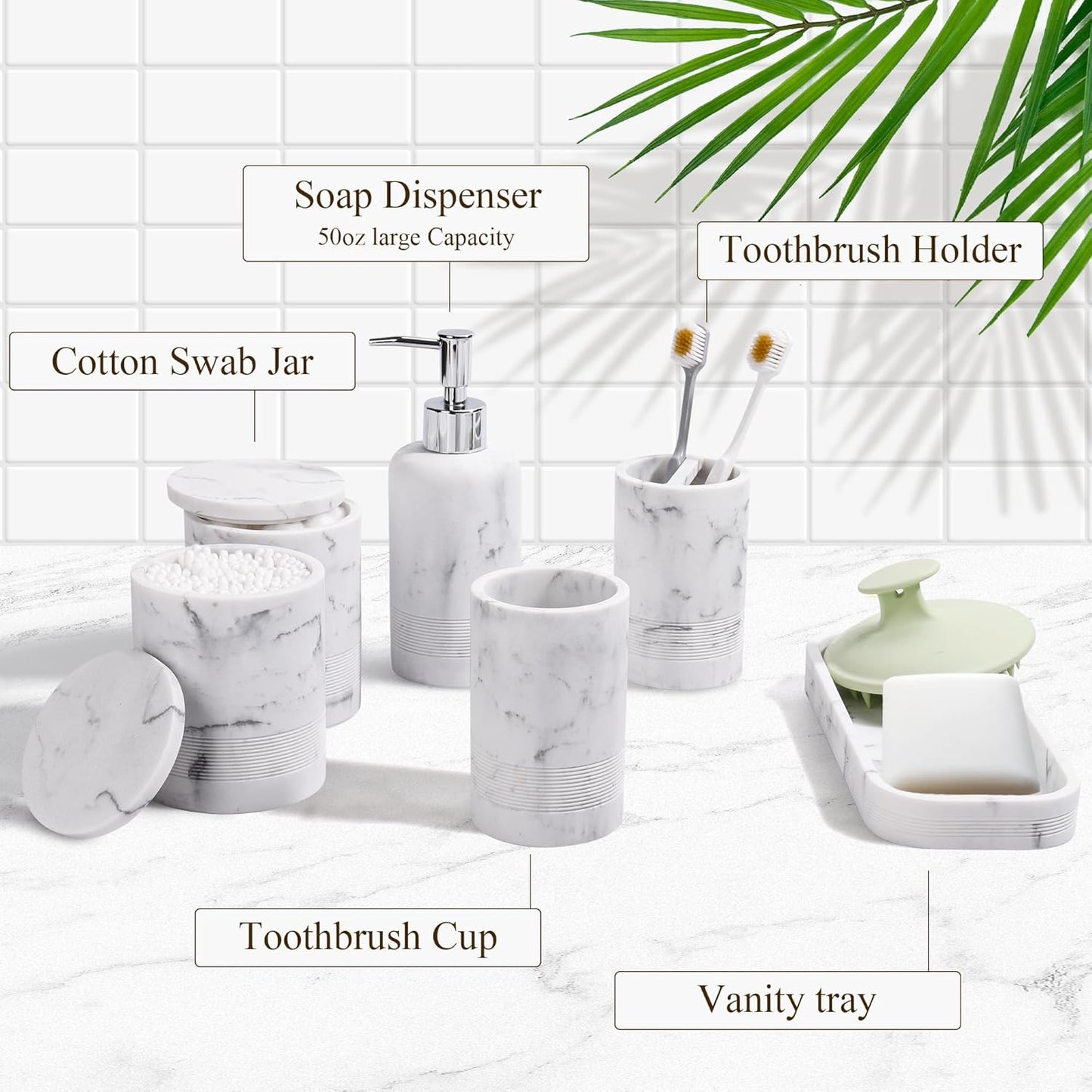 Bathroom Accessories Set, 6-Piece Bathroom Accessory Set, Toothbrush Holders Set, Soap Dispenser, Vanity Tray, Tumbler, Cotton Swab Jars, Bathroom Organizer for Modern Bathrooms (Marble White)