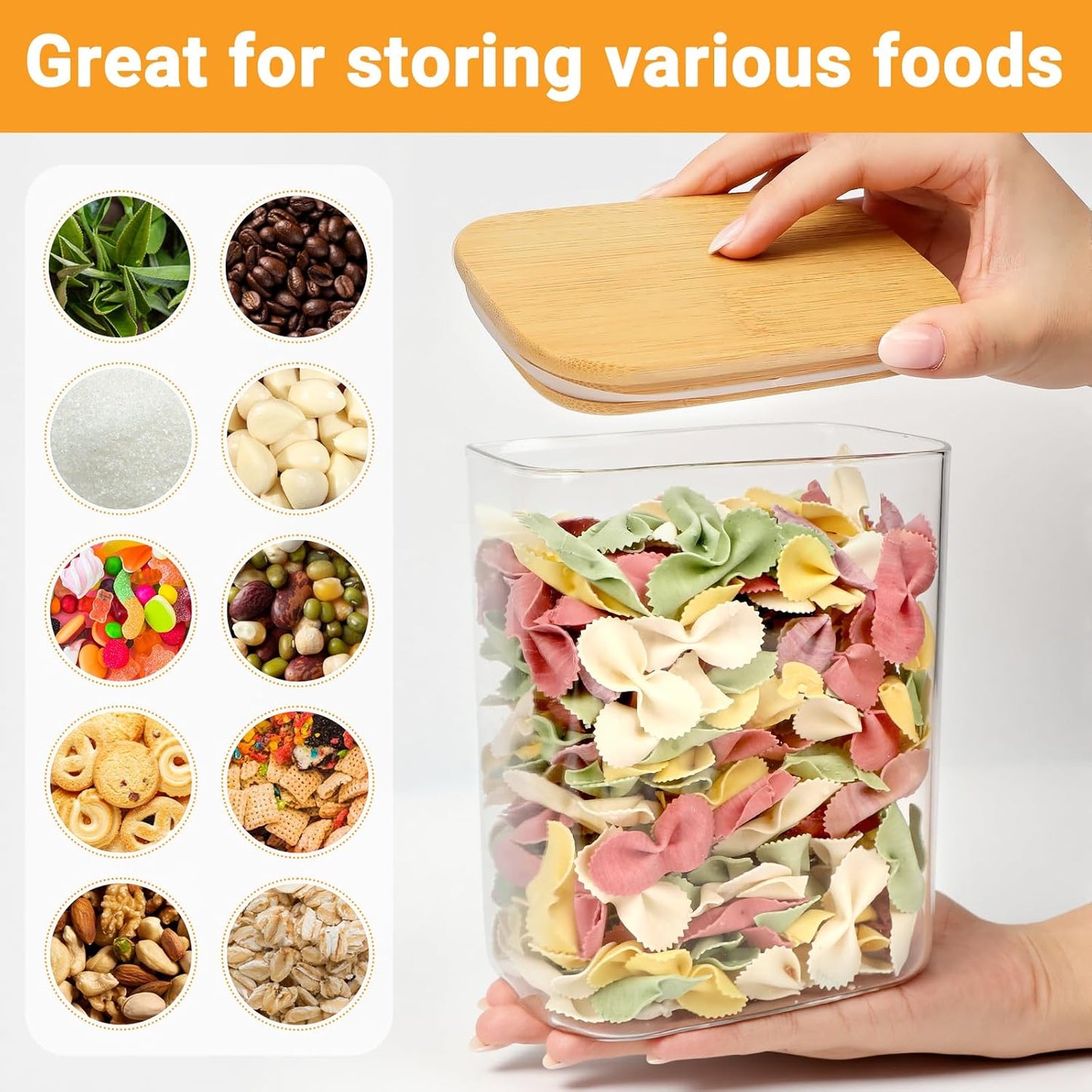 Rectangle Glass Jar with Lid, 4 Pack 37oz Large Glass Jars with Bamboo Lids, Stackable Pantry Storage Containers for Kitchen Counter, Cereal Container for Flour, Tea, Sugar, Coffee, Snacks