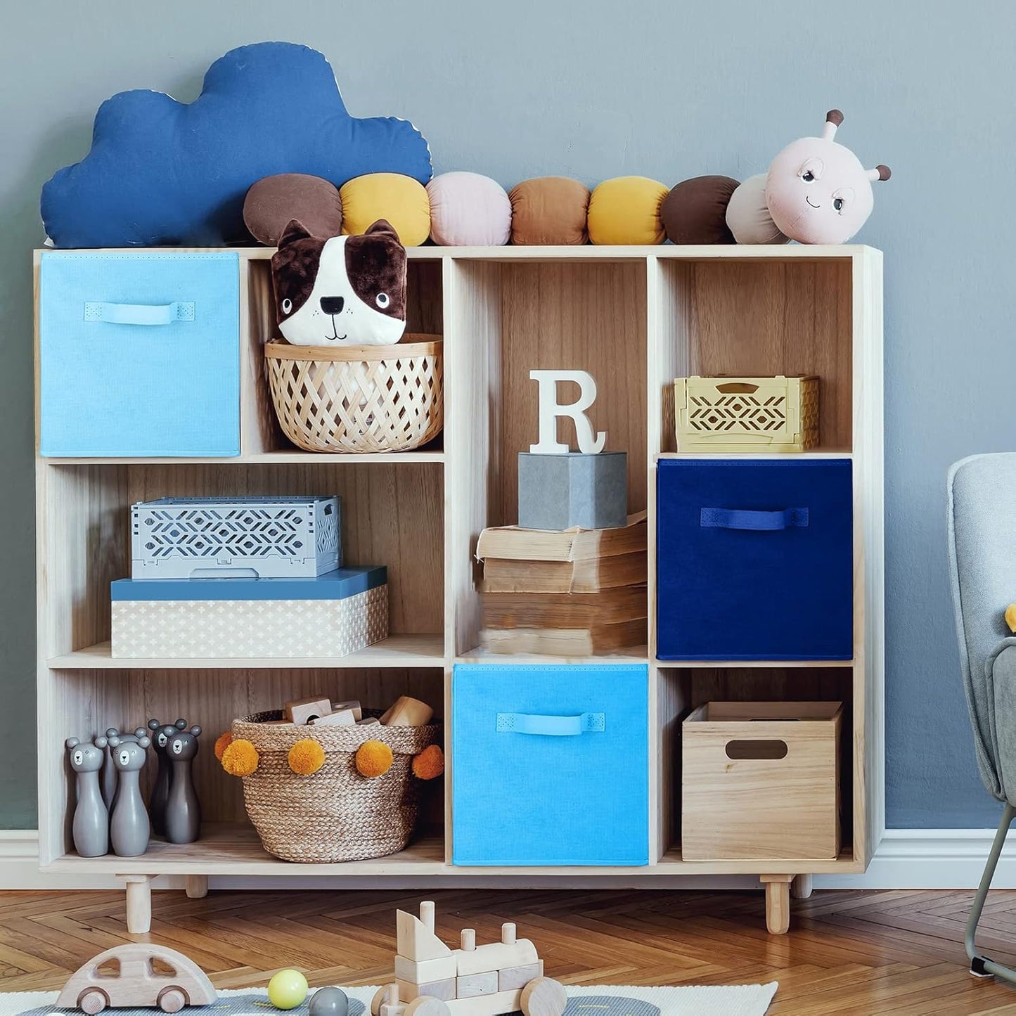 Karenhi 11 x 10. 5 x 10. 5 Blue Storage Cube, 6 Pack Fabric Cube Storage Bins Organizer Box, Collapsible Baskets with Handles Foldable Shelf for Cloth Toys Home Room Closet, Pack of 6