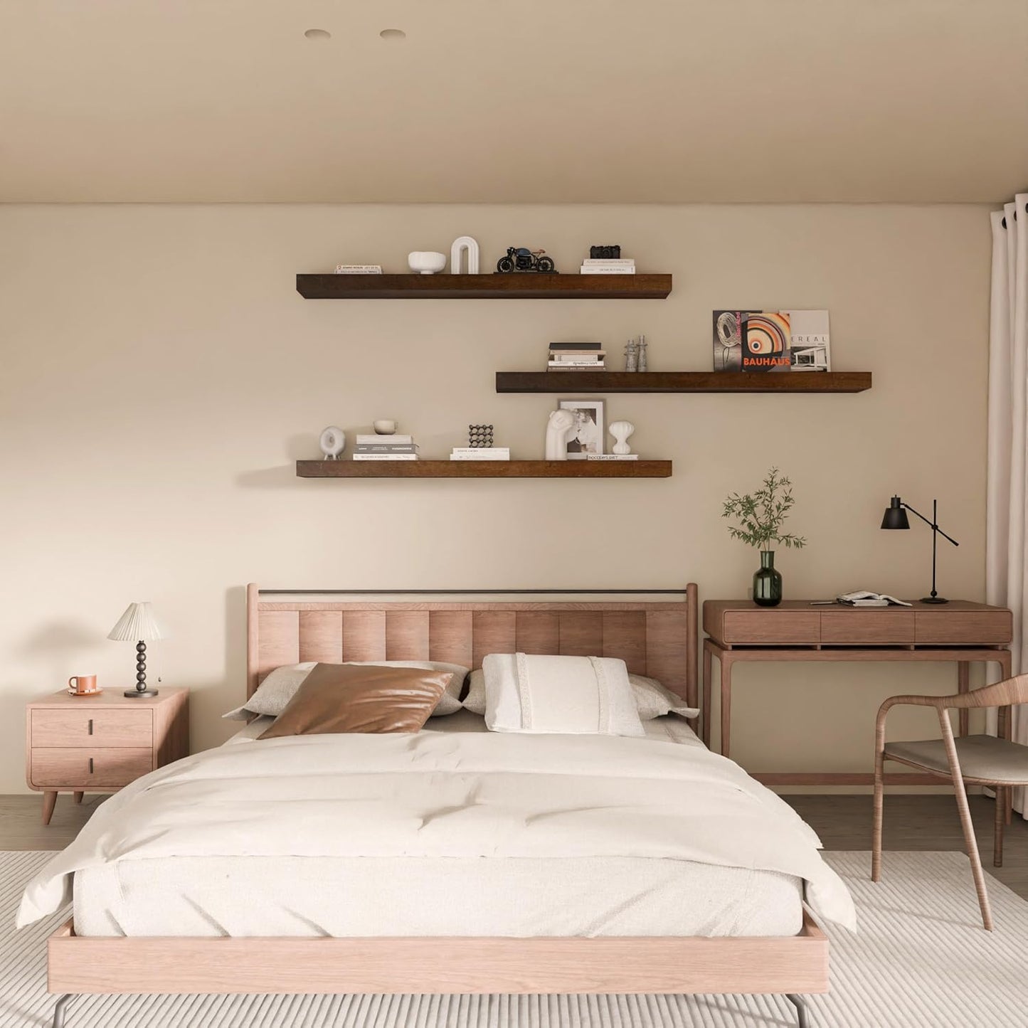 Floating Shelves for Wall, 48 Inch Extra Long Walnut Wall Shelves, Set of 3, Hanging Invisible Brackets Floating Shelves for Living Room,Bedroom,and Kitchen