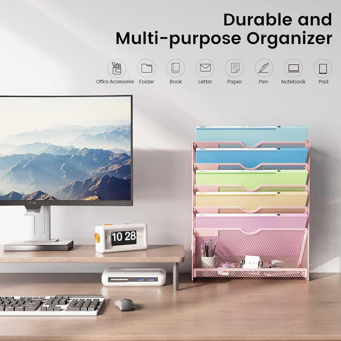 Hanging Wall File Organizer for Wall Mounted Mail Paper Folder Holder Document Organization Stand Desk File Organizer Tray for Office & Home Cubicle Countertop 6 Tier Pink