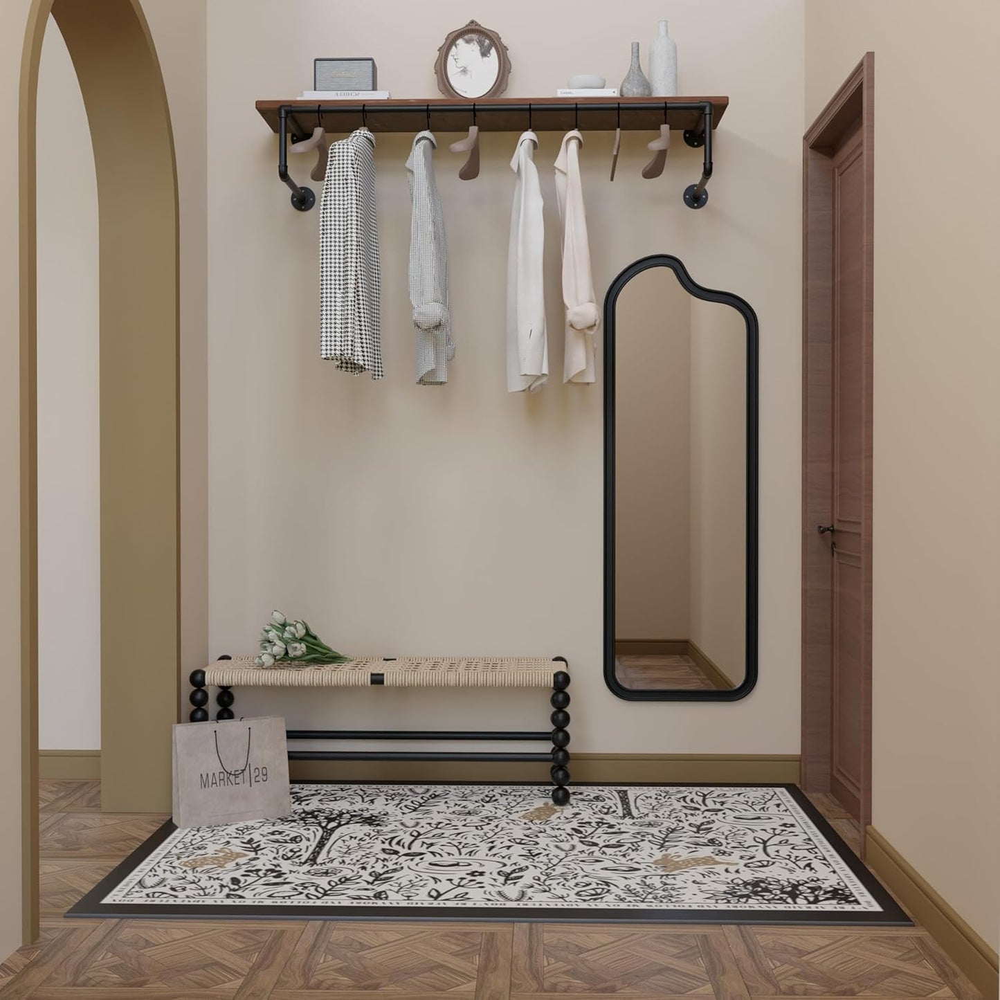 Clothes Rack 48in, Wall Mounted Garment Racks with Real Wood Shelf, Heavy Duty Hanging Clothes Rack, Multi-Purpose Hanging Rod, Space-Saving Closet Storage