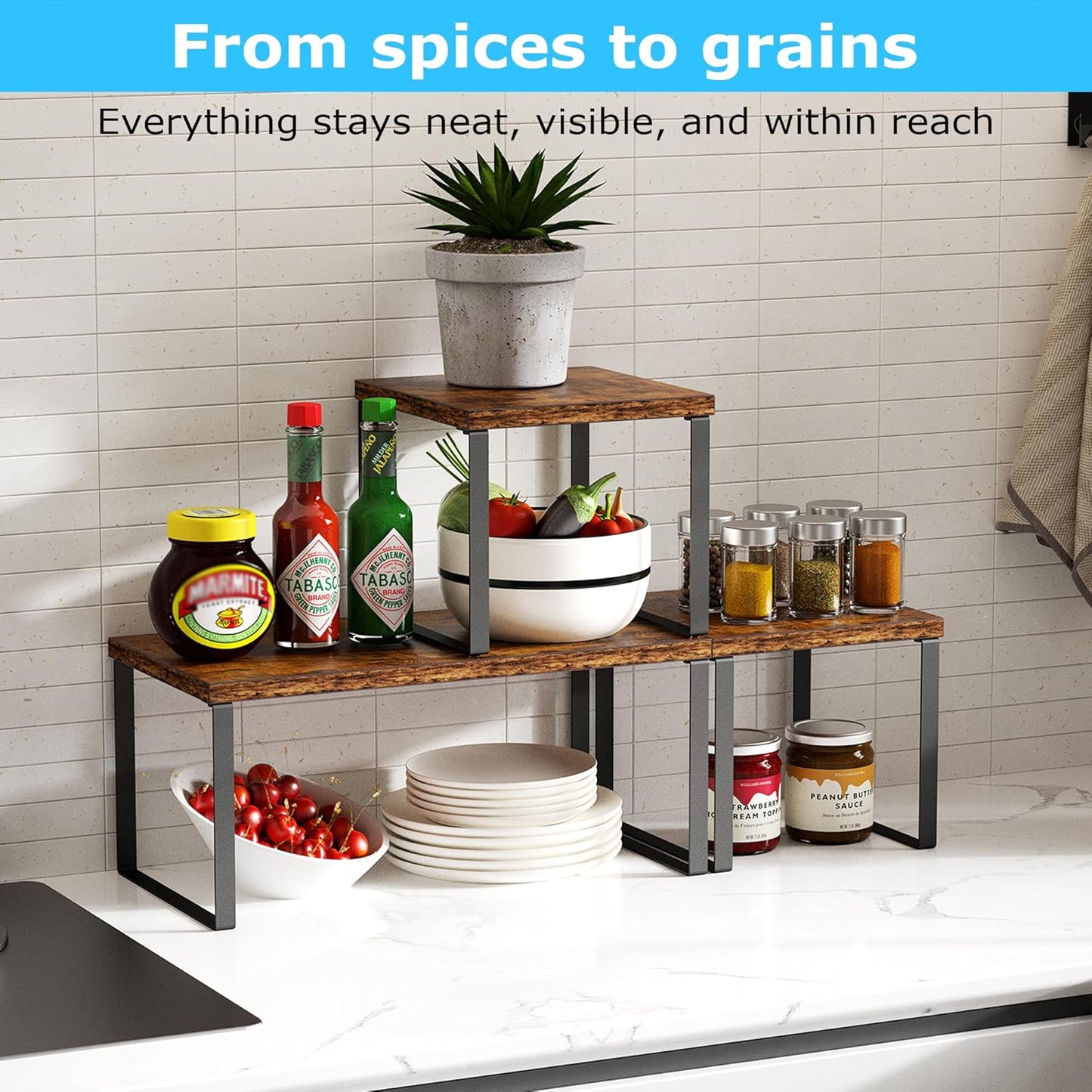 Aothia Wood Desktop Shelf for Top of Desk - 2-Tier Adjustable Bookshelf Organizer, Freestanding Stackable Shelves for Office, Home, Kitchen Counter (Rustic Brown)