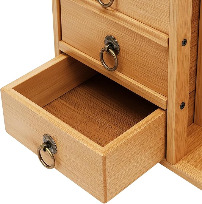 Bamboo Desk Shelves with 3 Drawers Office Desktop Storage Rack Desk Top Document Storage Organizer Rectangular Desktop File Holder Open Design for Office Home School 19.7 * 7.5 * 17.7in