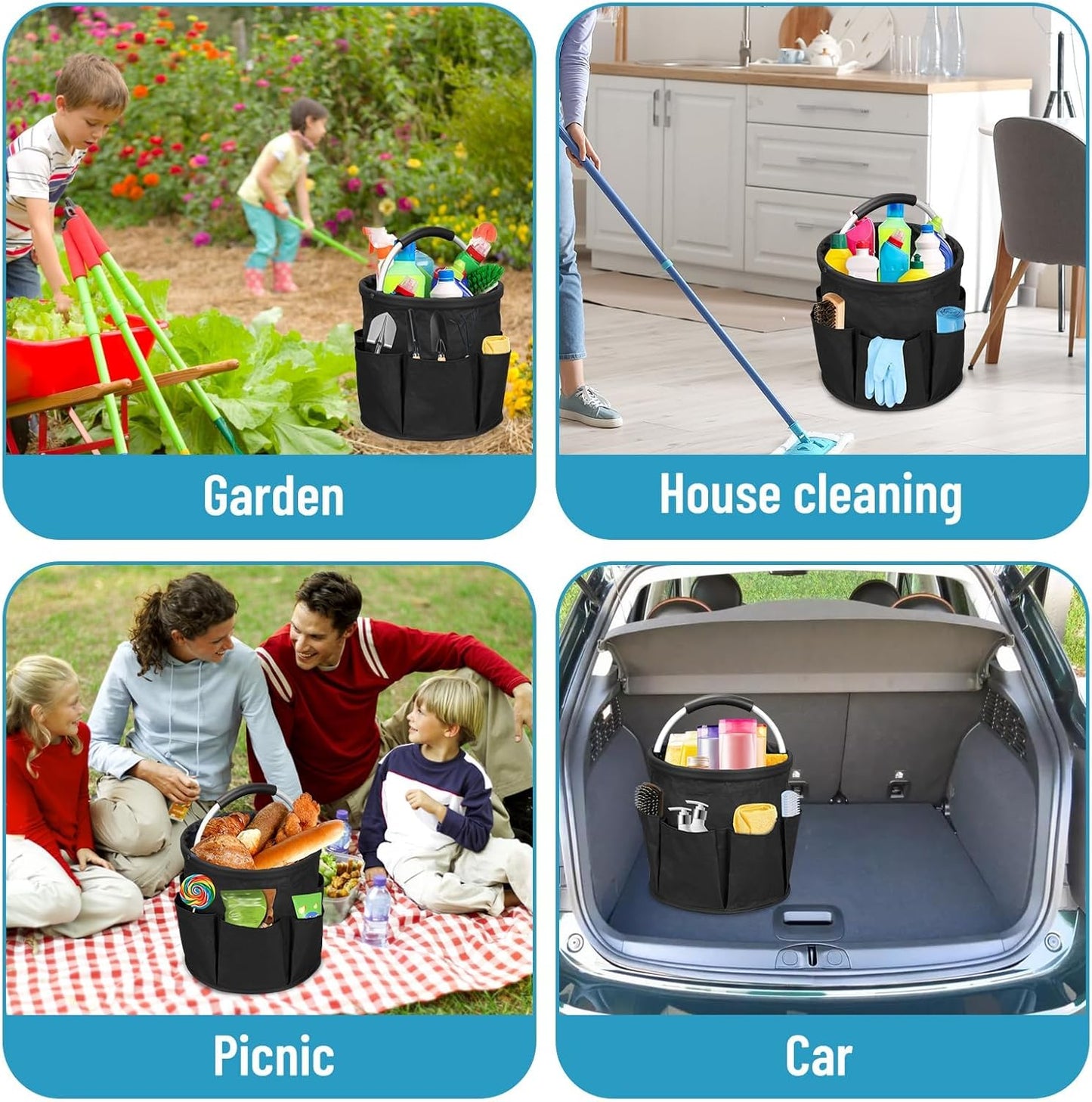 17L Foldable Cleaning Caddy with Handle - Portable Duty Tool Bag Cleaning Supply Organizer, Multi-Compartment Cleaning Bucket Storage Basket for Home Kitchen Bathroom (Black)