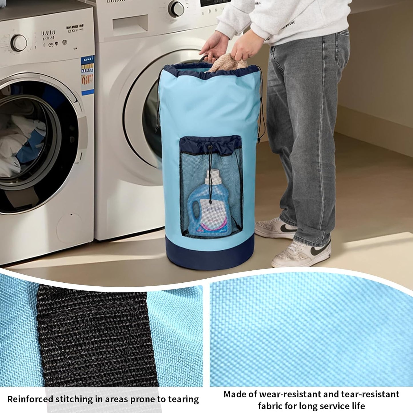 Laundry Bag Backpack with Shoulder Straps and Mesh Pocket Foldable Clothes Hamper Bag with Drawstring Closure for College, Apartment, Laundromat (Light Blue)