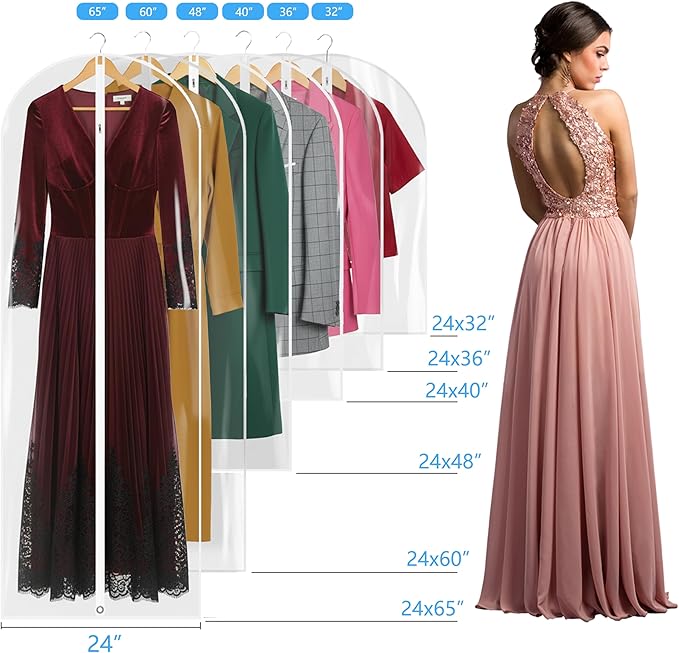 65” All Clear Dress Bags for Travel - PEVA Waterproof Fordable Cover with Zipper for Hanging Clothes, long Dress - Durable Dresser for Closet Storage, Dustproof & Moisture Resistant - 65”/4 Pack