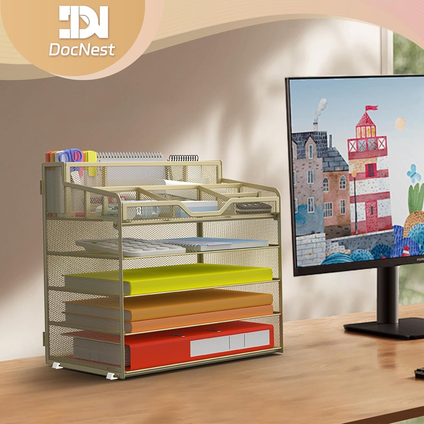 Docnest 5 Tier Mesh Desk Organizer for Paper Office Supplies – Multi-Functional Letter Tray with 5 Adjustable Compartments, 3 Pen Holders, Desktop Storage for Files, Mail, Stationery – Gold Yellow