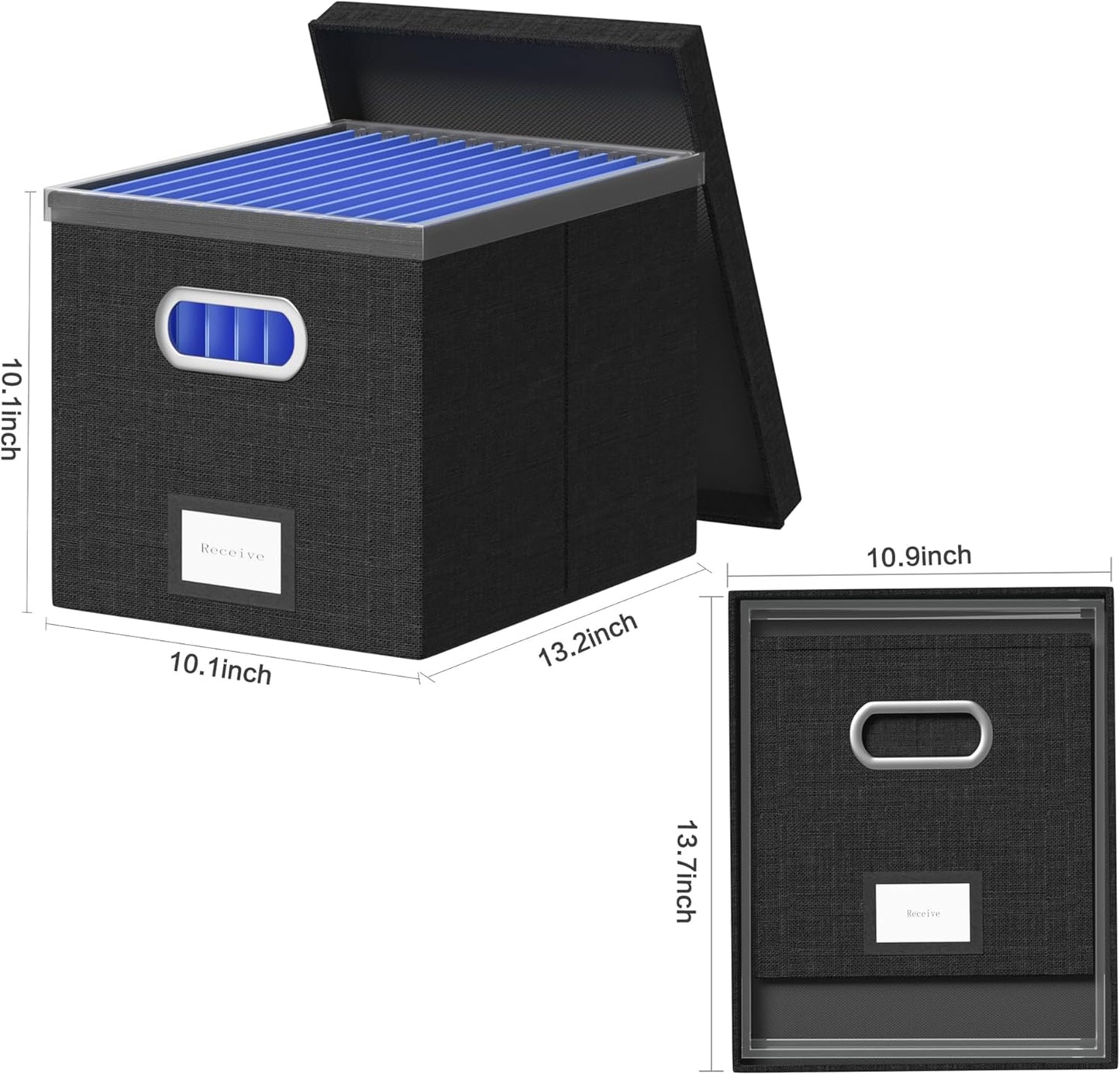 File Organizer Box - File Boxes for Hanging Files with Lid Set of 3 Decorative Hanging Folders Organizer with One-Piece Plastic Frame Slides (Black, 13.2 * 10.1 * 10.1in(2Pack))