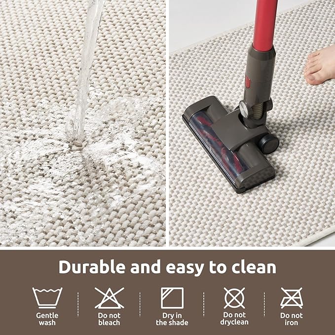 AMOAMI Chenille Bath Mat Super Absorbent Bathroom Mat Quick Dry Low Pile Bath Mats for Bathroom Washable Rubber Backed Bathroom Runners Fit Under Door, Front of Bathtub, Sink, Beige&White 24"x70"