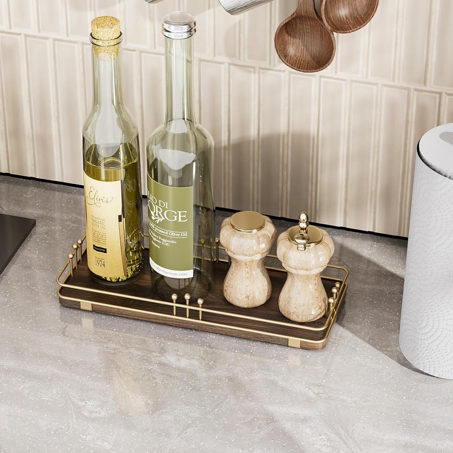 Bathroom Vanity Tray for Countertop Toiletries Perfume Makeup Soap Dispenser Toilet Tank, Kitchen Tray for Salt Spice, Decor Tray for Candle Nightstand Coffee 11.3”x 4.4” Brown-Gold