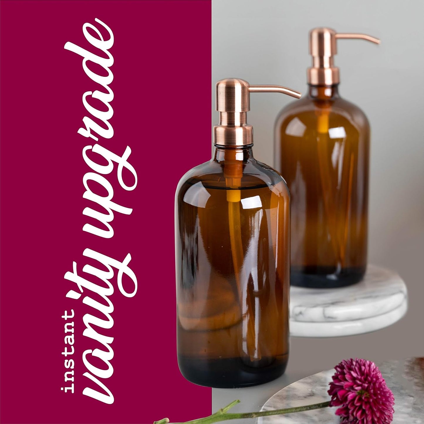 Kitchentoolz Large Pump Bottle - 32 Ounce Glass Shampoo and Soap Dispenser - Amber