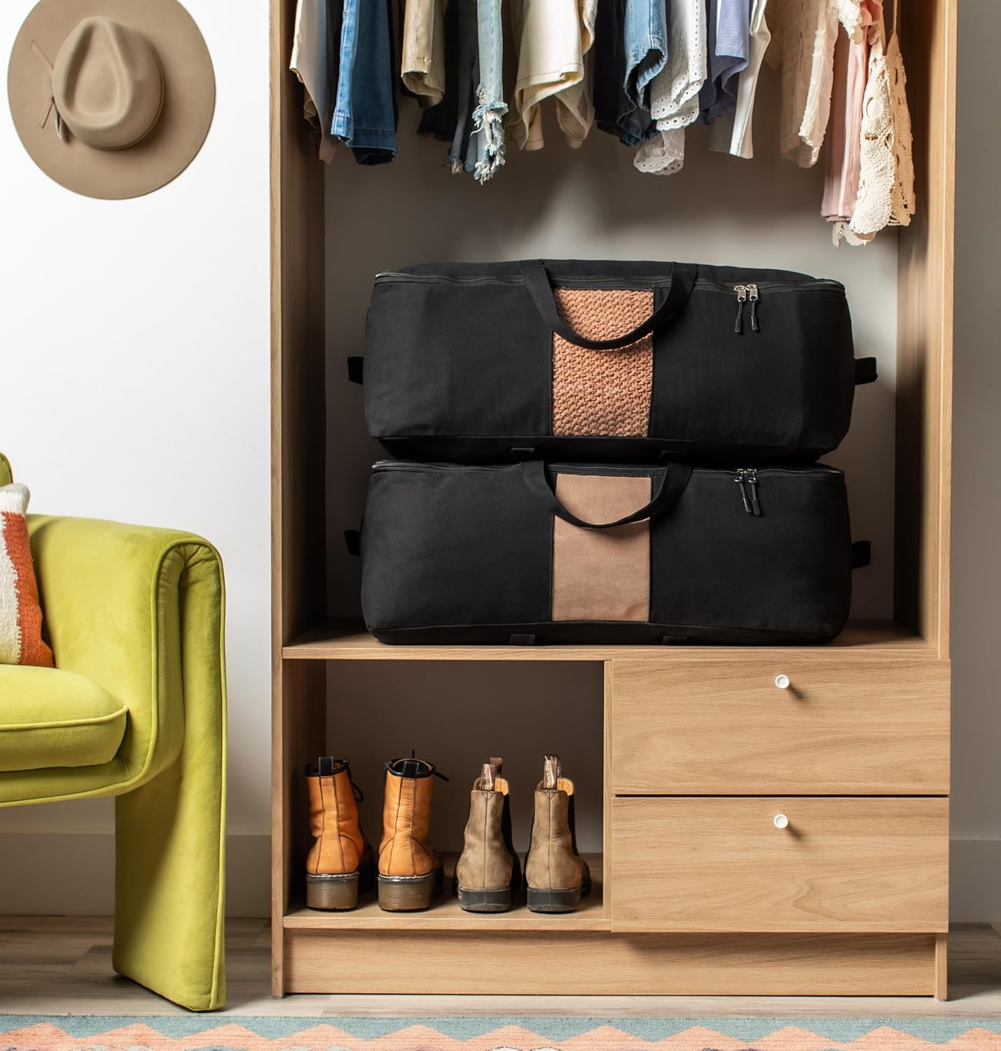 Soft Canvas Storage Bags with Zipper. Thick Breathable, 2pc King/Queen Comforter Organizer. Four Carrying Handles and Window. Large 25x19x9in Bag for Sheets Blankets Bedding Pillows, Clothes (Black)