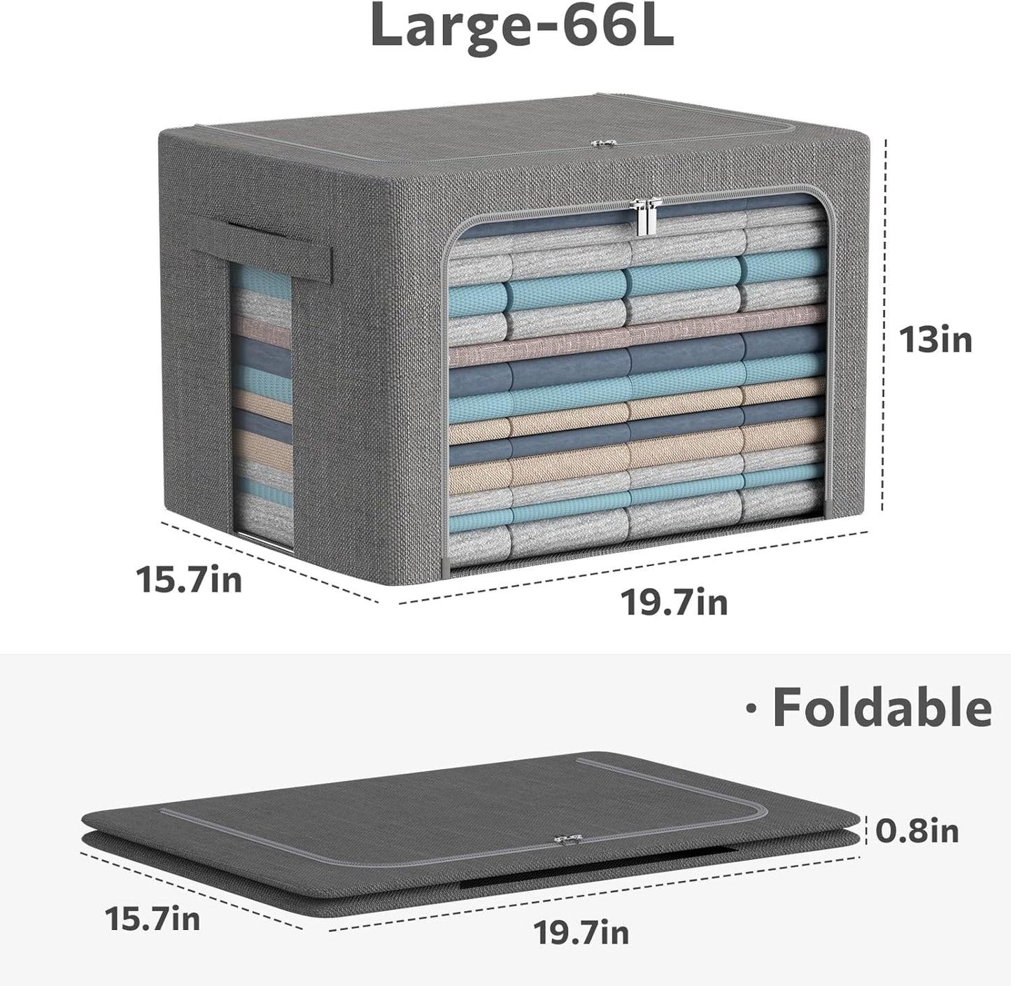 3Pack Foldable Storage Bins - Frame Storage Box Linen Fabric Stackable Clothes Container Organizer with Clear Window & Carry Handles Large Capacity (Large-66L, Dark Gray)