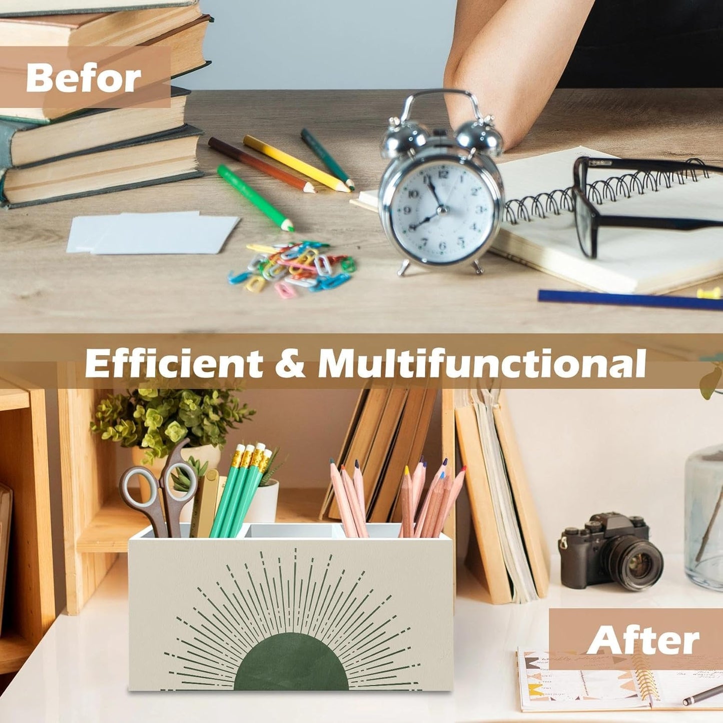 DILSJ Boho Abstract Sunshine Pen Pencil Holder Organizer for Desk, Boho Office Decor, Sage Green Mid Century Modern Minimalist Sun Sunshine Wooden Box Signs for Home Office Desk Tabletop Decoration