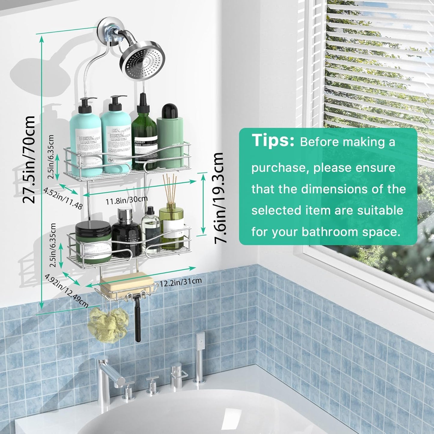 Shower Caddy - Organizer with 6 Hooks, Soap Basket & Self-Adhesive Pad, Silver