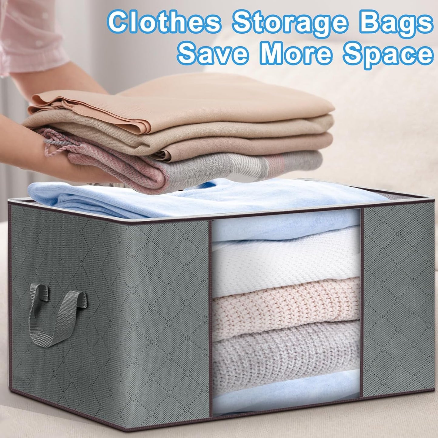 Budding Joy Clothes Storage, Foldable Large Blanket Bags, Storages and Organization for Clothing, Blanket, Comforter, Clothes, Pillows, Toys, Closet Organizers with Enhanced Handle, 60L 12 Pack