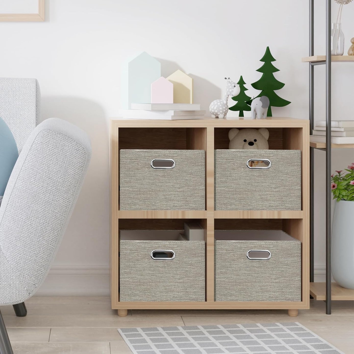 Posprica Closet Storage Bins, 4 Pack Closet Shelf Organizers, Linen Fabric Decorative Storage Baskets for Organizing, Foldable Storage Box for Clothes, Toy, 15x10.5x8.25 Inch-Coffee