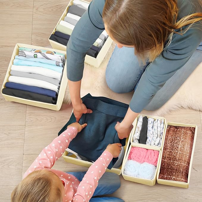 Drawer Clothing Organizer 16-Pack, Beige 3-Size Underwear Drawer Dividers, Fabric Folding Wardrobe Organizer for Baby Clothes, Bras, Underwear, Panties, Belts, Socks, Ties, etc.