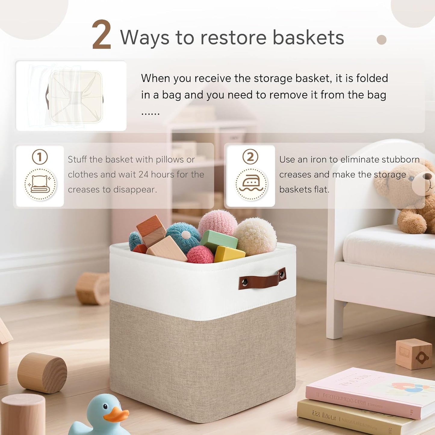 Cube Storage Baskets 6 Pack, 11x11 inch Foldable Cube Storage Bins with Leather Handles for Shelf Closet Nursery Toys (White/ Khaki)