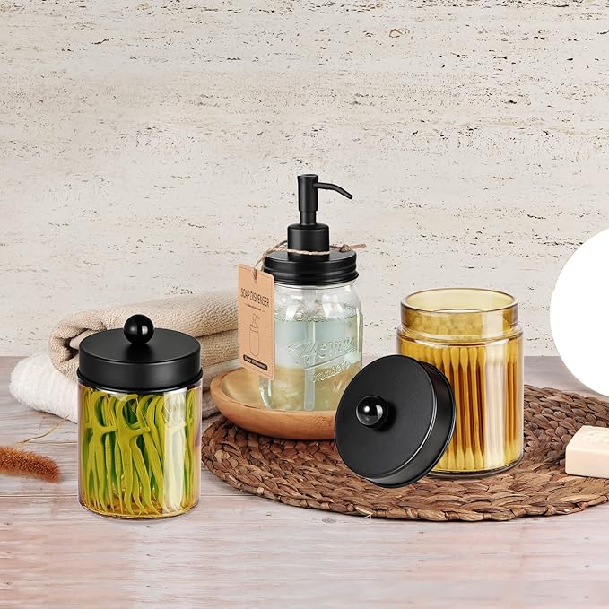 Amolliar Bronze Glass Apothecary Jar With Metal Lid & Stickers, Bathroom Qtip Dispenser Storage Canister, Perfect for Cotton Balls, Cotton Swabs, Makeup Pads, Bath Salt, Floss, 2 Pack (Black)