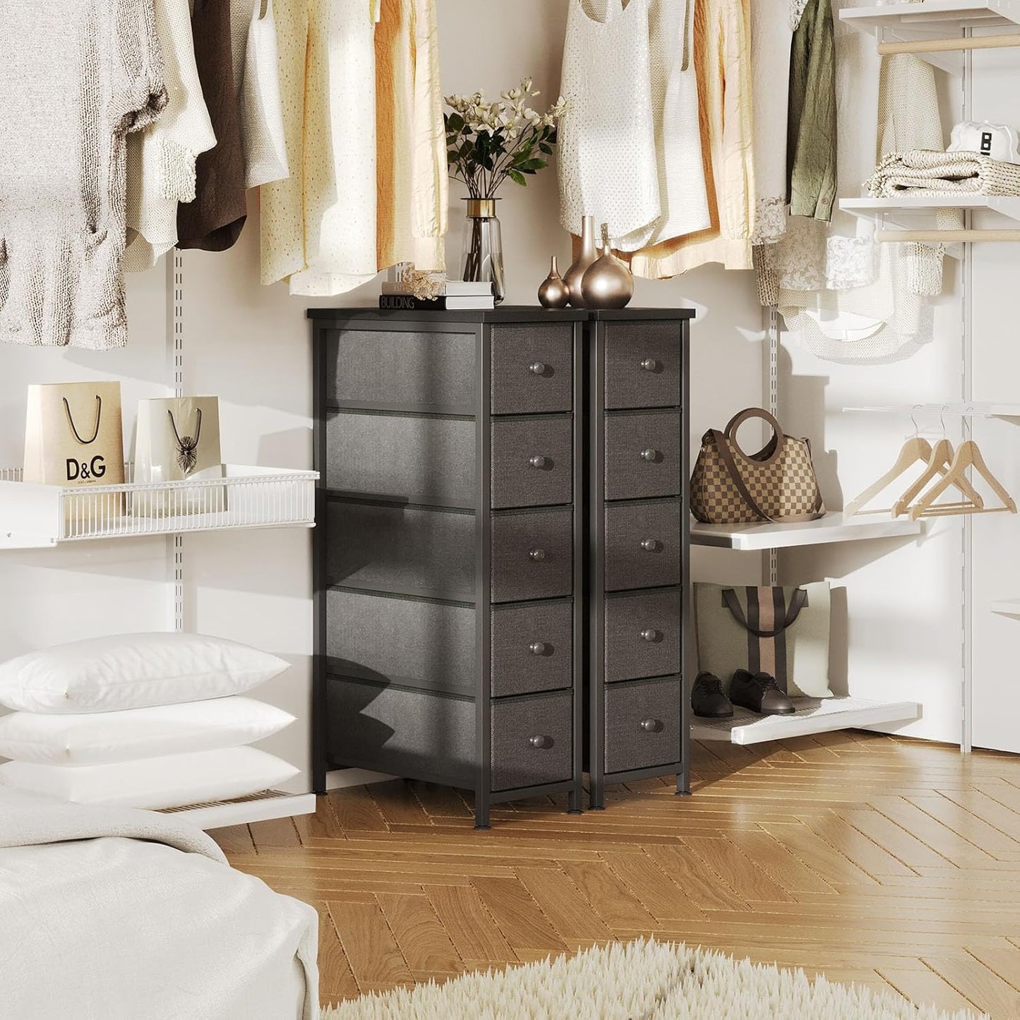 Narrow Dresser, 19" Wide Narrow Nightstand Dresser Storage Tower with 5 Drawers, Slim Fabric Dressers Chest of Drawers for Small Spaces, Wood Top & Fabric Bins for Bedroom Bathroom Closet (Black)