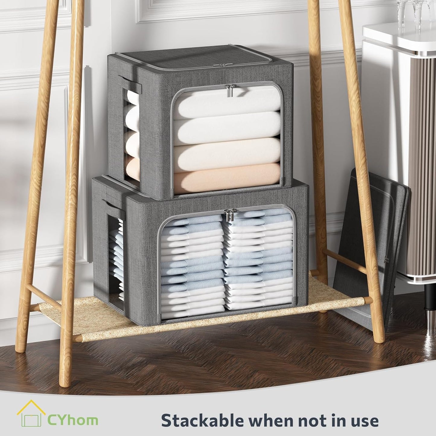 Extra Large Clothes Storage Bins - Linen Fabric Foldable Stackable Container Organizer Set with Clear Window & Carry Handles & Metal Frame (Dark Gray, Extra Large-100L)