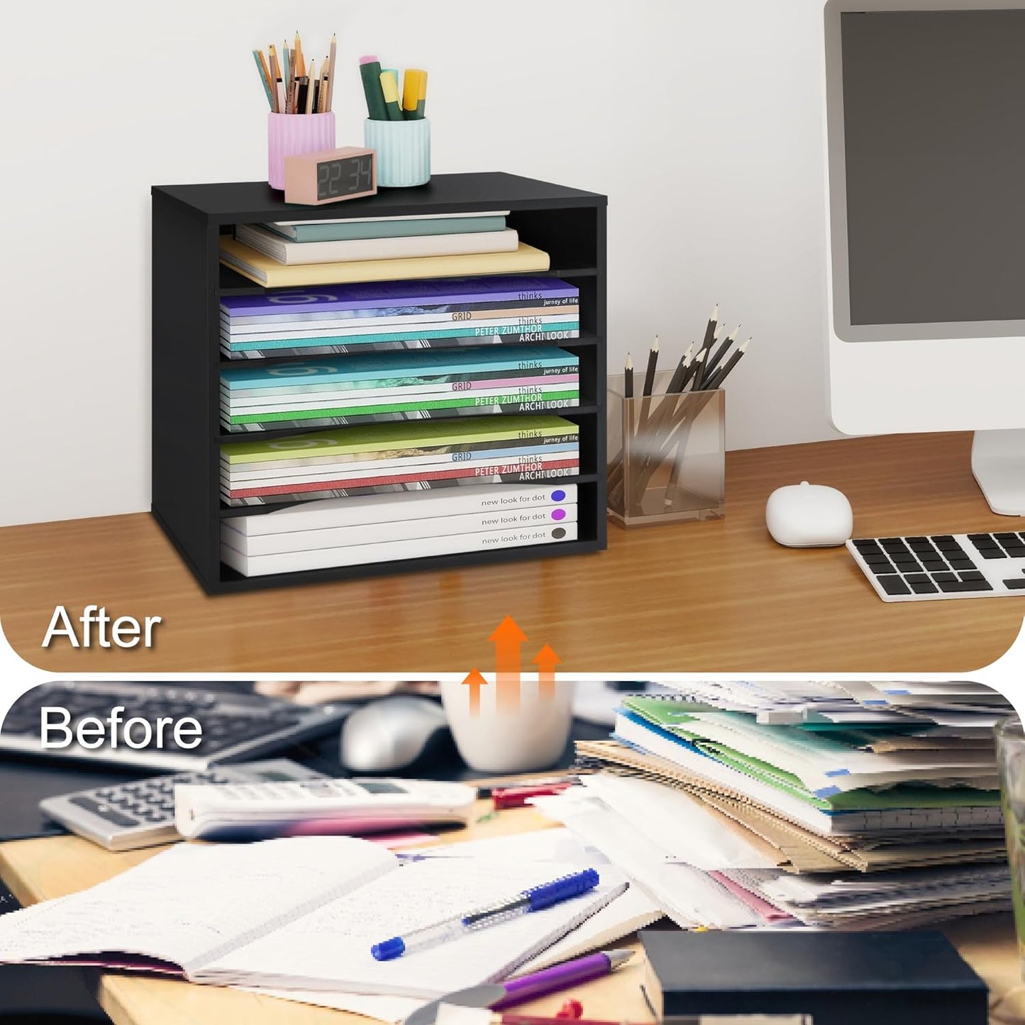 EMERIT Paper Organzier Wood Desktop Organizer Storage Letter Tray File Sorter with Adjustable Shelves for Home Office