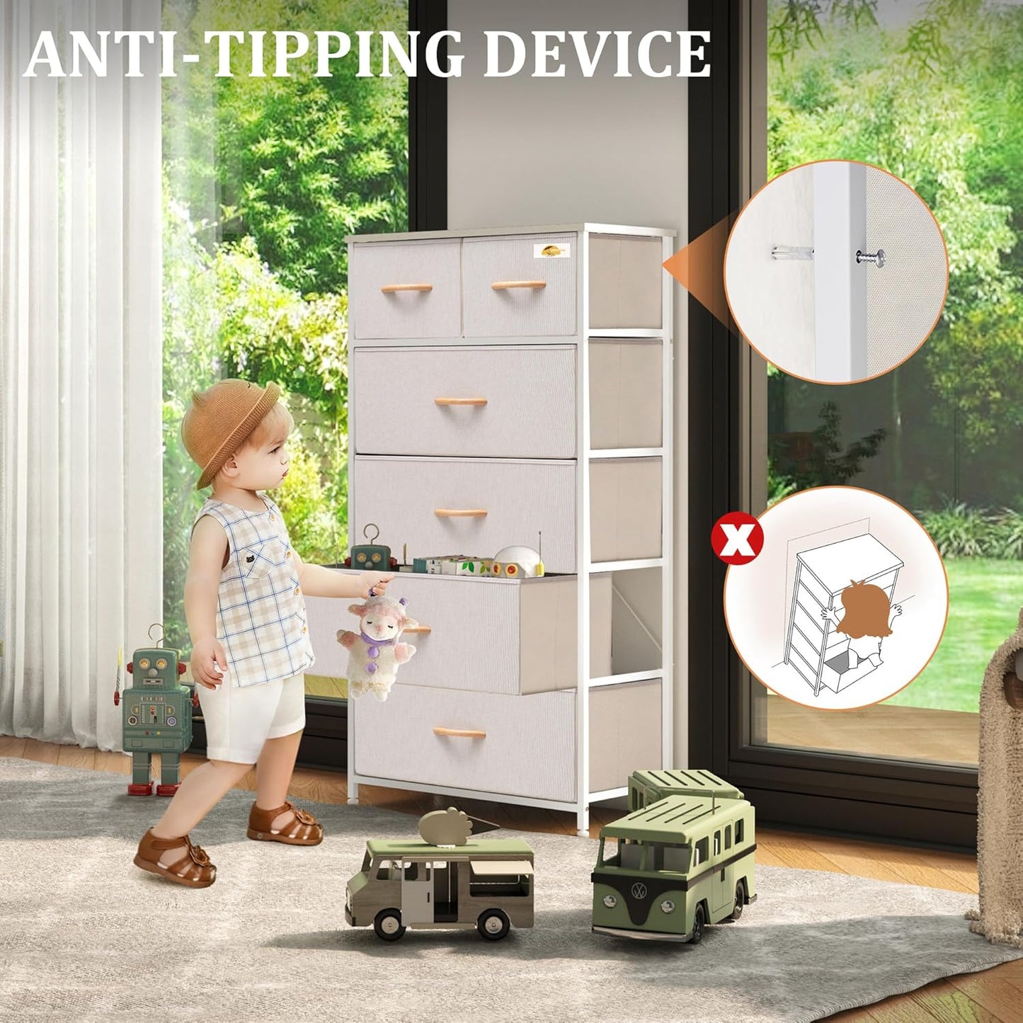 Fabric Dresser for Bedroom, Tall Skinny Dresser with 6 Drawers, Storage Organizer Tower, Steel Frame Wooden Top for Closet, Living Room, Hallway(Beige)