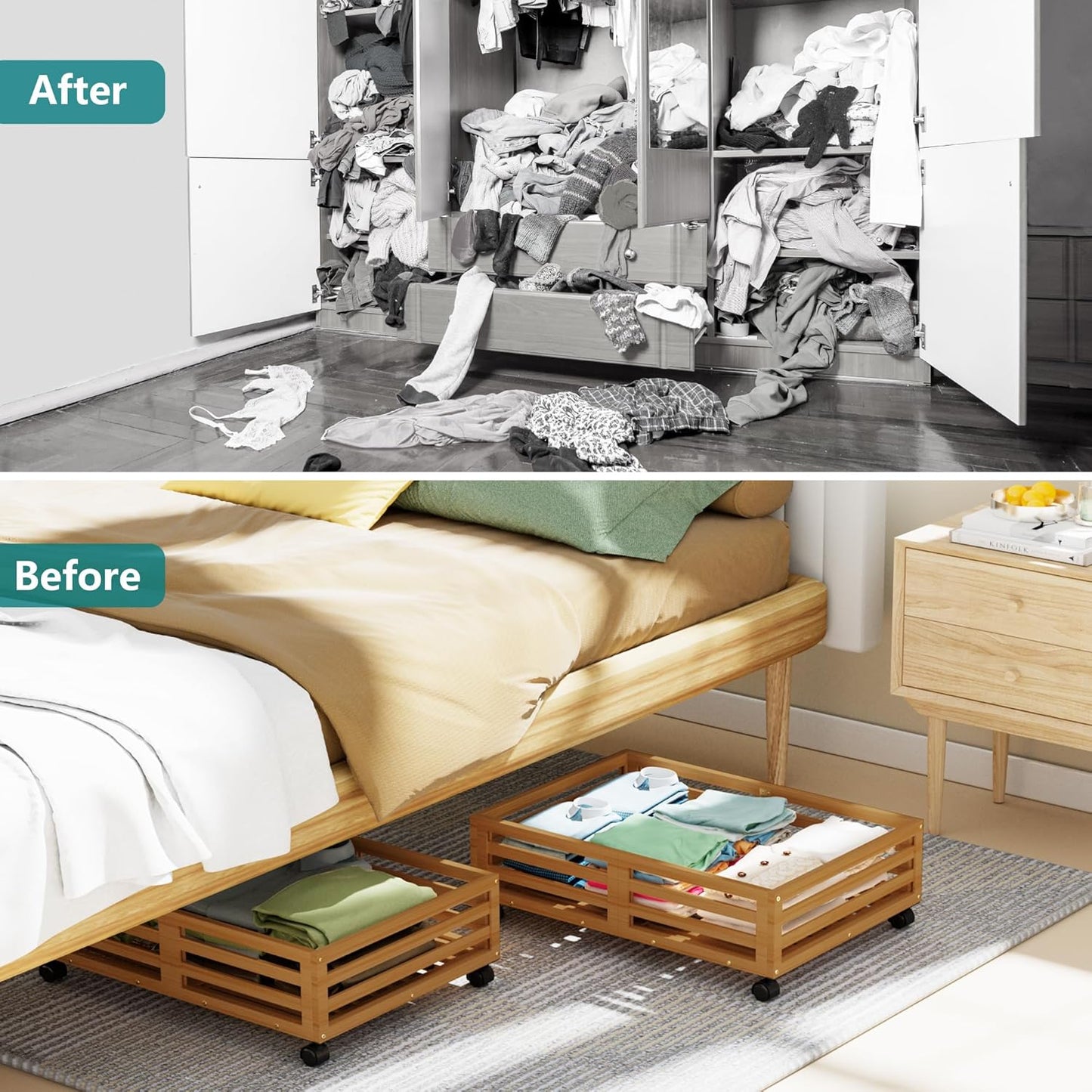 Bamboo Under Bed Storage Containers- Underbed Organizer with Wheels with Large Capacity Dust Bag,Sturdy Wood Rolling Under Bed Shoe Storage Organizer 2 Packs (Walnut, 2 Packs (23.62"×16.54"))