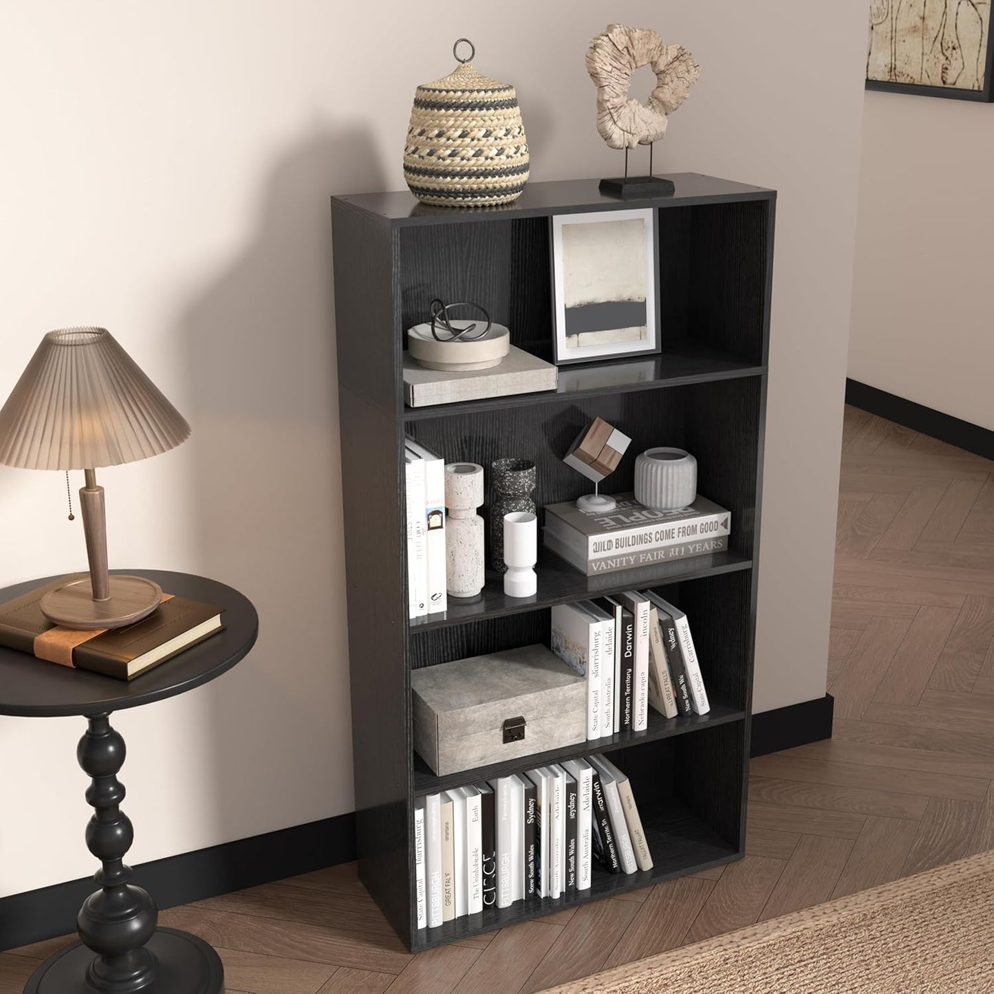 Wooden 4 Cube Storage Organizer,4 Tier Low Bookcase Storage Display Organizer, 44 Inch Versatile Cubes Shelf and Cubby Unit for Any Space (Black, 4 Cube-W(23.6inch)